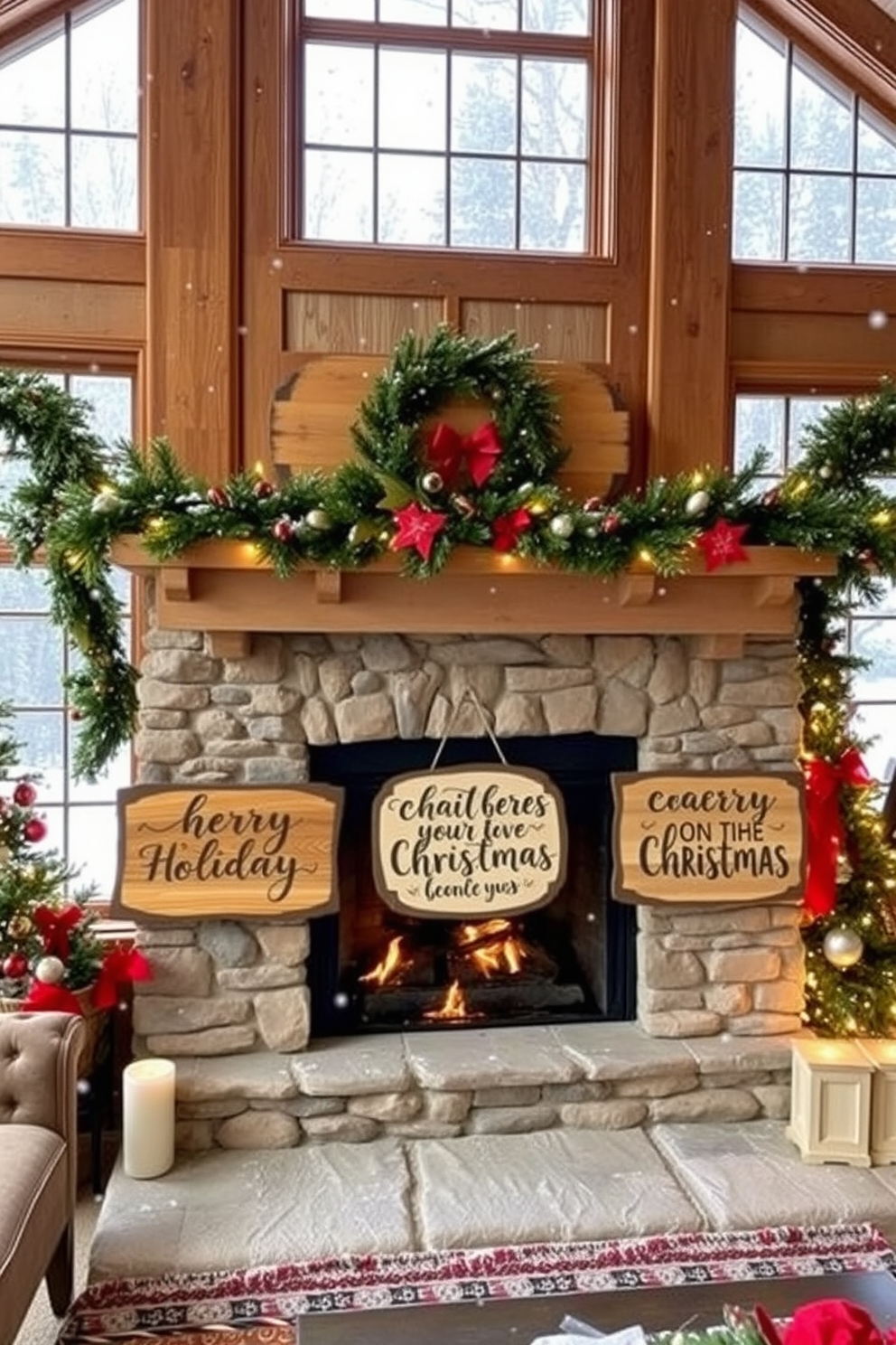 Create a cozy living room scene featuring rustic wooden signs adorned with cheerful holiday messages. The signs are hung on a stone fireplace, surrounded by festive decorations like garlands and twinkling lights. In the background, large windows are beautifully decorated with Christmas-themed window treatments. Snow gently falls outside, creating a warm and inviting atmosphere inside the room.