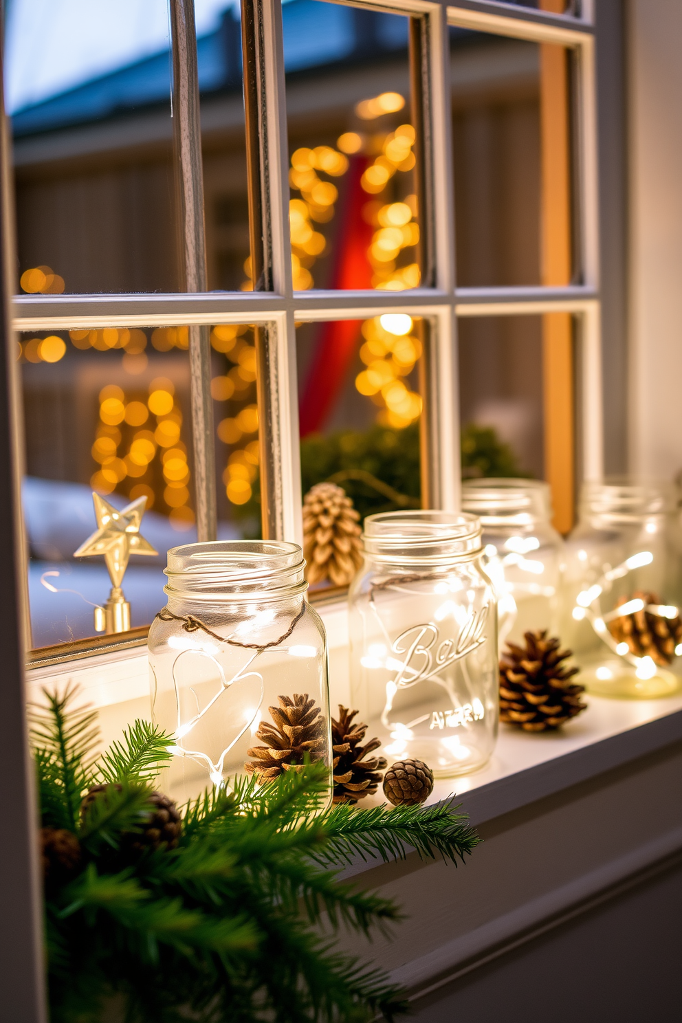 A cozy window adorned for Christmas with mason jars filled with warm fairy lights. The jars are arranged on the windowsill alongside pinecones and fresh greenery, creating a festive and inviting atmosphere.