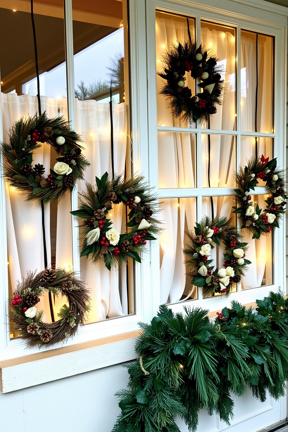 A collection of decorative wreaths made from natural elements such as pinecones, berries, and dried flowers adorn the front door. Each wreath is uniquely crafted to reflect the beauty of the season, bringing a warm and inviting touch to the home. The windows are elegantly decorated with twinkling fairy lights and sheer white curtains that gently flutter in the breeze. Complementing the wreaths, festive garlands drape across the window sills, enhancing the cheerful holiday atmosphere.