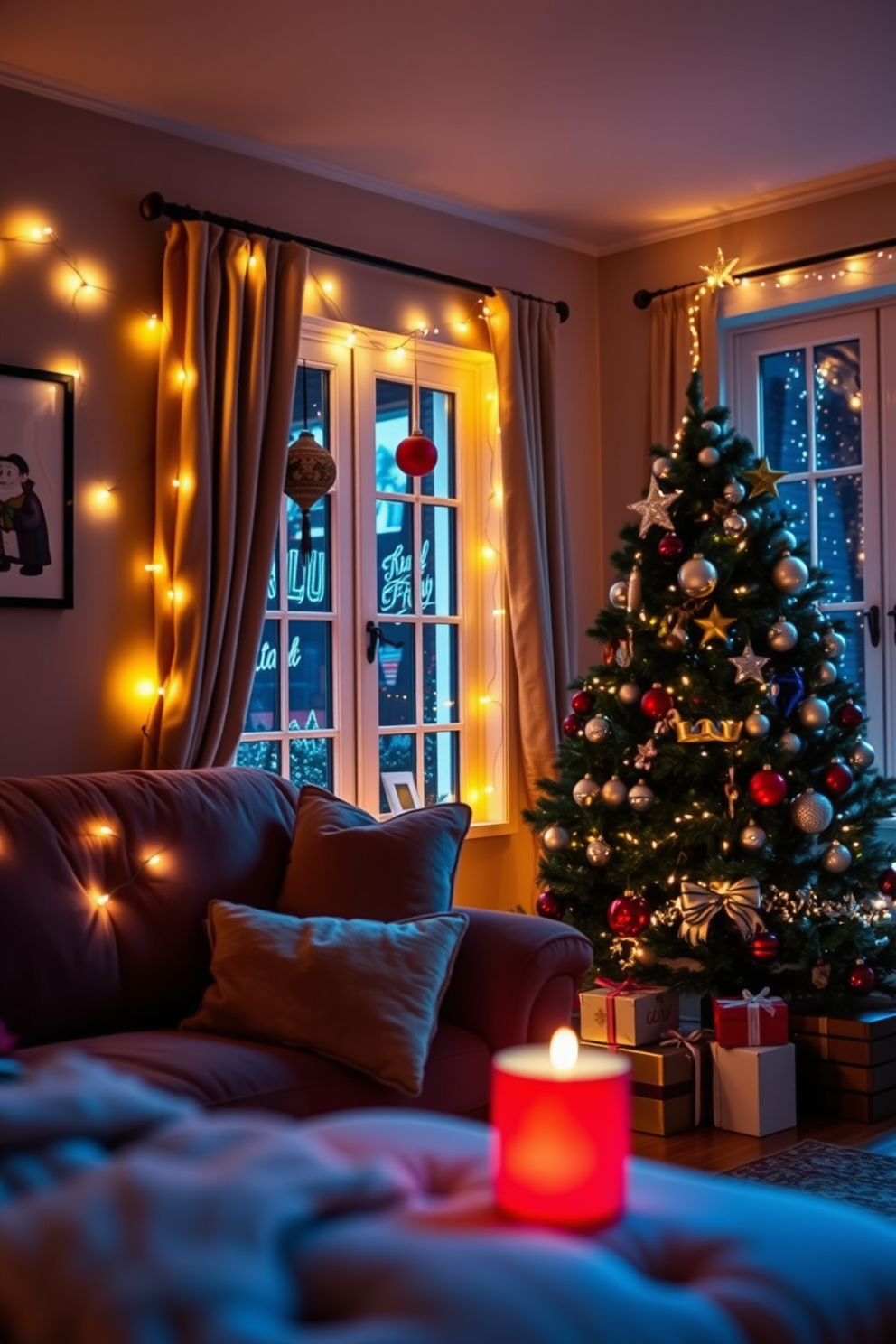 A cozy living room adorned with twinkling fairy lights along the window edges creates a warm and inviting atmosphere. The soft glow of the lights complements the rich textures of the plush sofa and the festive decorations scattered throughout the space. Decorative ornaments hang from the window frames, adding a touch of holiday cheer. A beautifully arranged Christmas tree stands nearby, adorned with shimmering baubles and a star on top, completing the festive look.