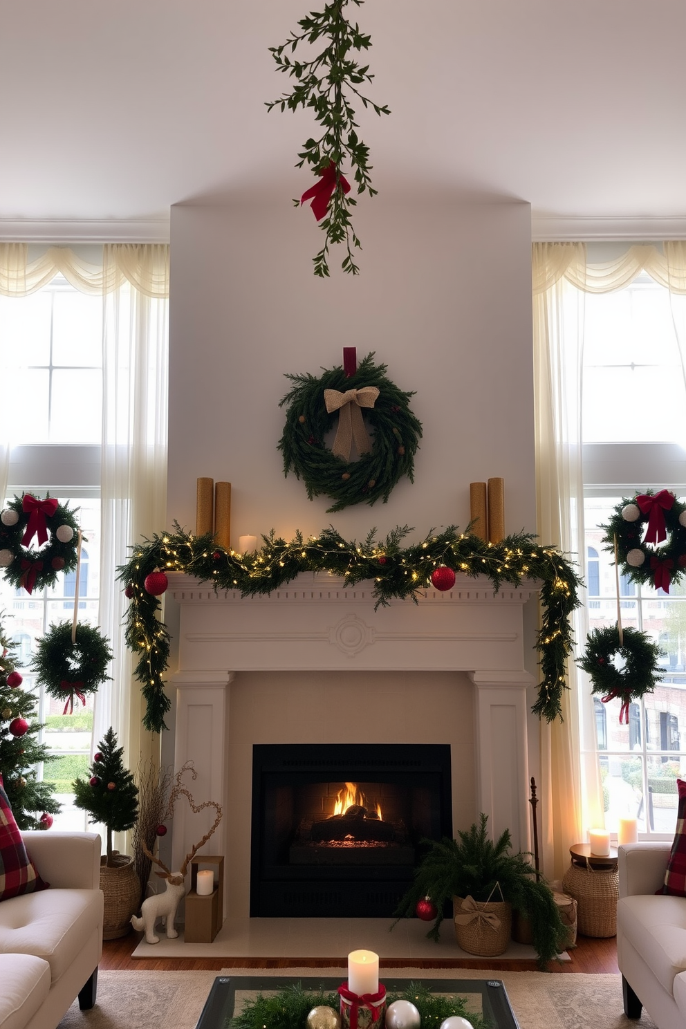 A cozy living room adorned with hanging mistletoe above a beautifully decorated fireplace. The mantle is lined with pine garlands and twinkling fairy lights, creating a warm and inviting atmosphere. Large windows are dressed with elegant sheer curtains, allowing natural light to filter through. Festive decorations, including wreaths and ornaments, bring a cheerful spirit to the space.