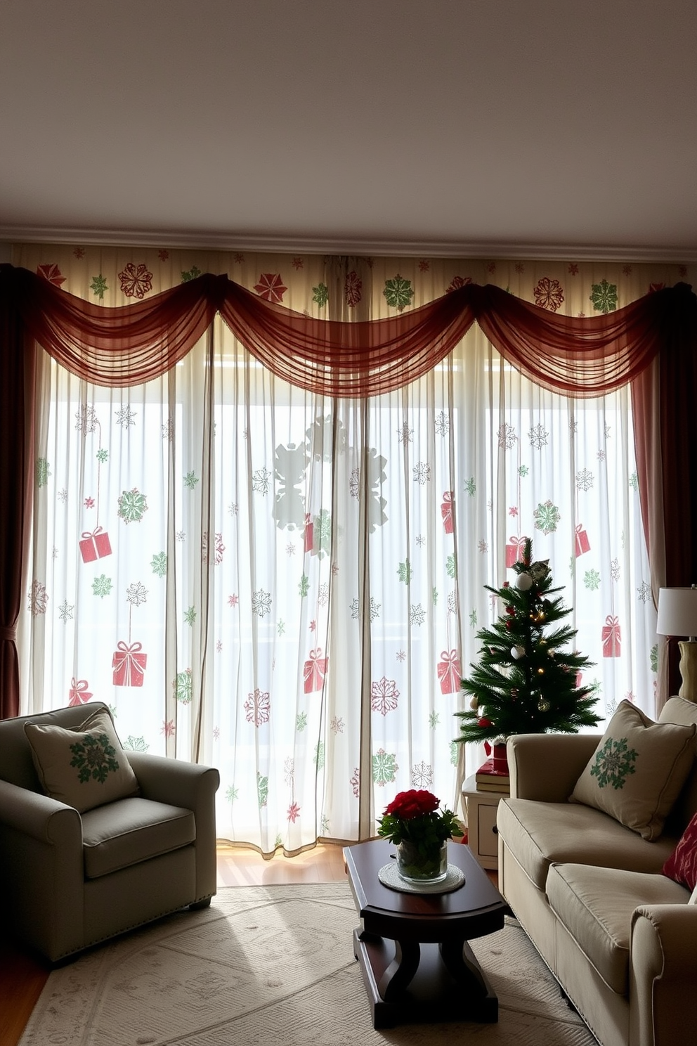 A cozy living room adorned with layered sheer curtains featuring festive holiday prints. The curtains gently filter the light, creating a warm and inviting atmosphere for the Christmas season.