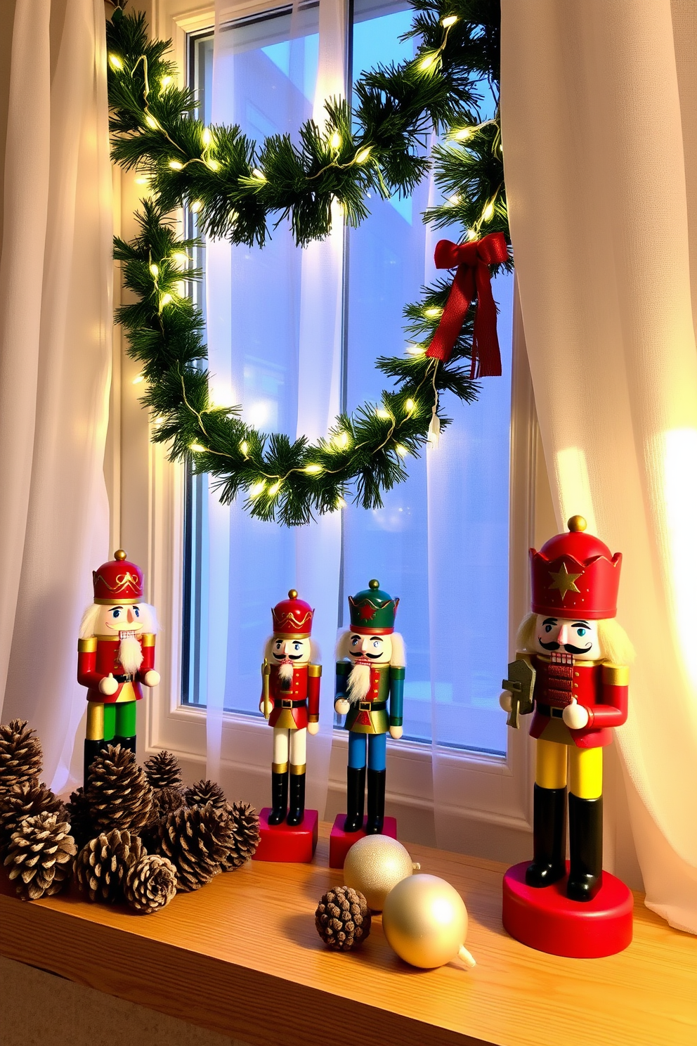 Charming nutcracker figurines are elegantly arranged on a wooden shelf, showcasing their vibrant colors and intricate details. The backdrop features a softly lit window adorned with festive garlands and twinkling fairy lights, creating a warm holiday ambiance. The window is draped with sheer white curtains that gently filter the light, enhancing the cheerful atmosphere. Nearby, a collection of pinecones and holiday ornaments adds a touch of nature and whimsy to the Christmas decorating theme.