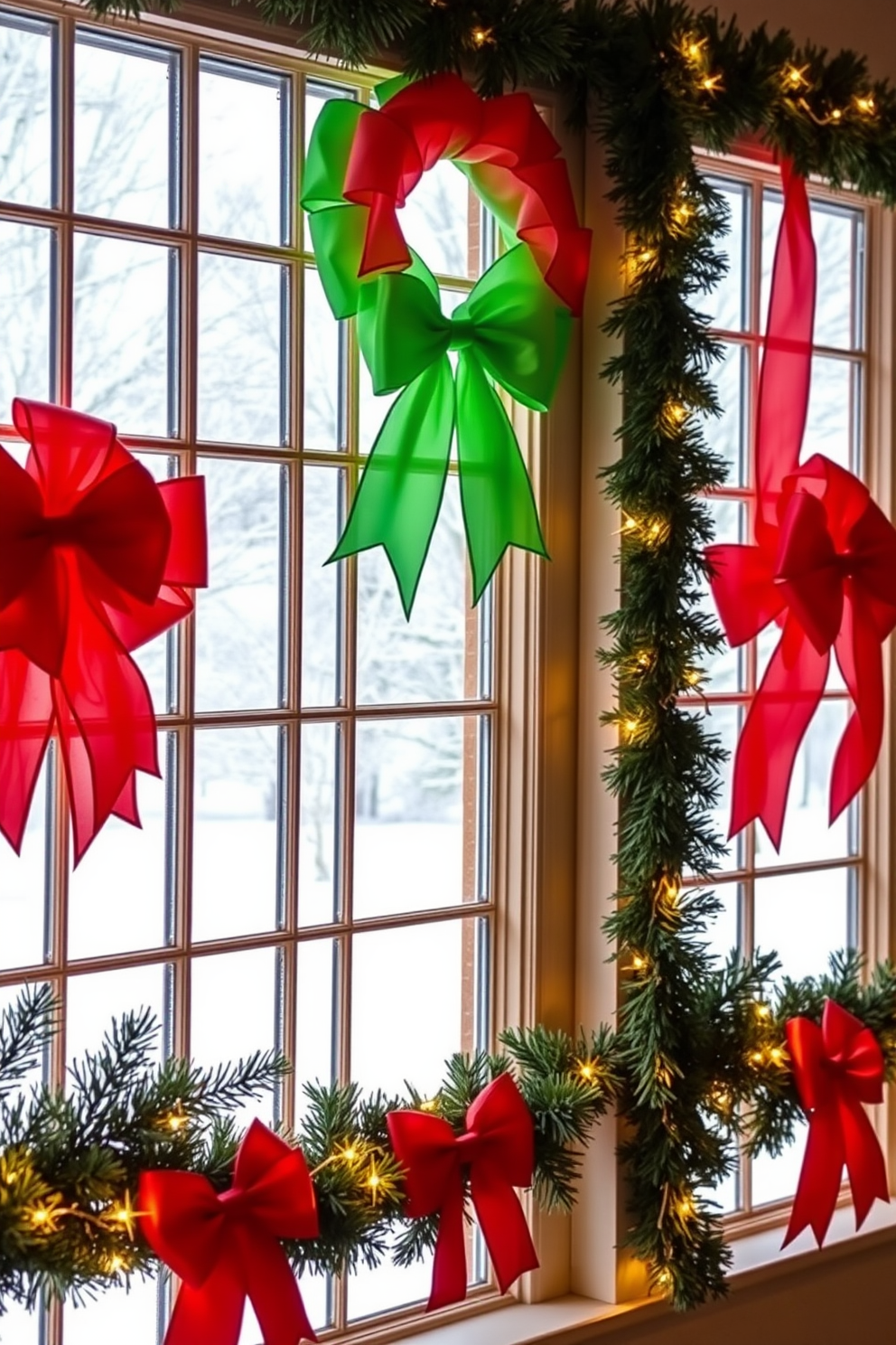 Brightly colored bows adorn the window frames, adding a festive touch to the holiday decor. The vibrant reds and greens contrast beautifully with the crisp white snow outside, creating a cheerful atmosphere. Each window showcases a different style of bow, ranging from oversized satin loops to delicate organza ties. Surrounding the bows, twinkling fairy lights and evergreen garlands enhance the Christmas spirit, inviting warmth and joy into the home.