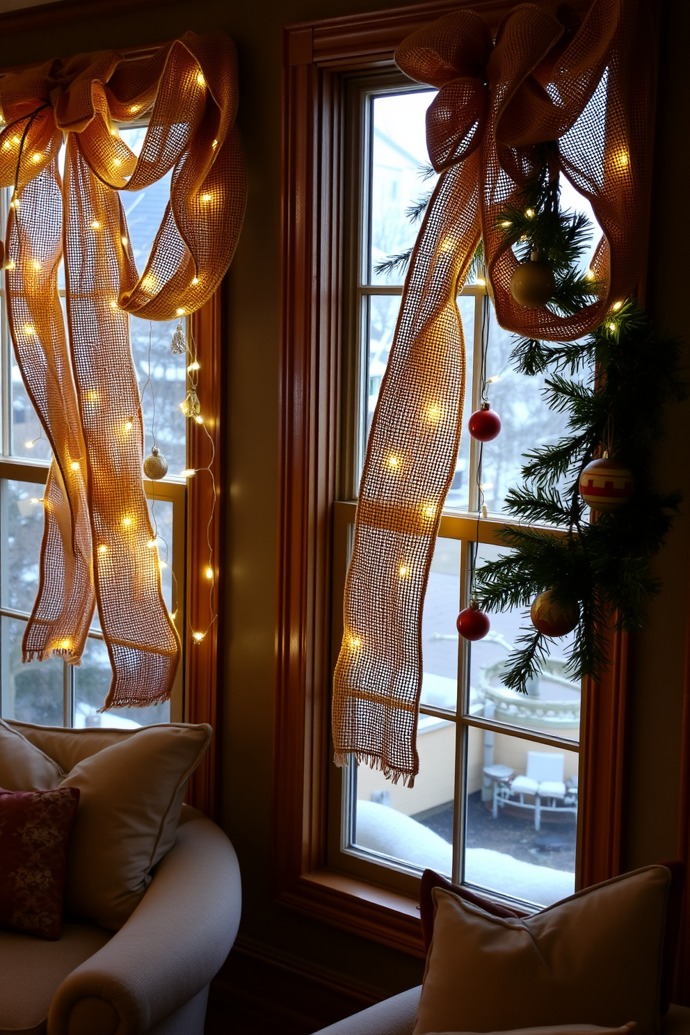 A cozy living room adorned with burlap ribbons draped elegantly across the windows. The ribbons complement the warm wooden accents and bring a rustic charm to the festive decorations. Twinkling fairy lights are intertwined with the burlap, creating a warm and inviting atmosphere. Fresh pine branches and ornaments hang alongside the ribbons, enhancing the holiday spirit.