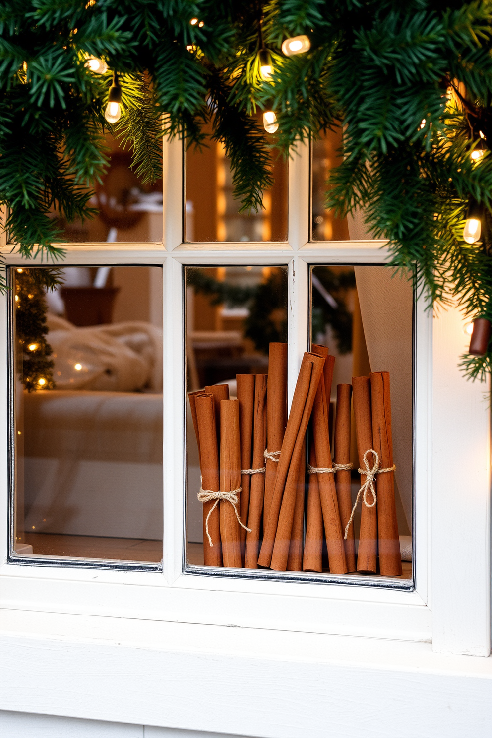 A cozy window display decorated for Christmas features cinnamon sticks tied with twine arranged in a rustic manner. The warm tones of the cinnamon contrast beautifully with the soft white lights and evergreen branches that frame the window.