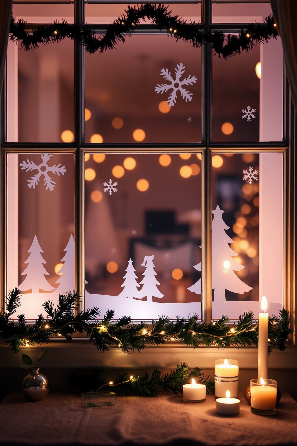 Illuminated window silhouettes of holiday scenes create a warm and inviting atmosphere. Delicate designs of snowflakes and Christmas trees are showcased against a backdrop of soft, glowing lights. Festive decorations adorn the windows, featuring garlands and twinkling fairy lights. A cozy ambiance is enhanced by the gentle flicker of candles placed nearby, reflecting the holiday spirit.