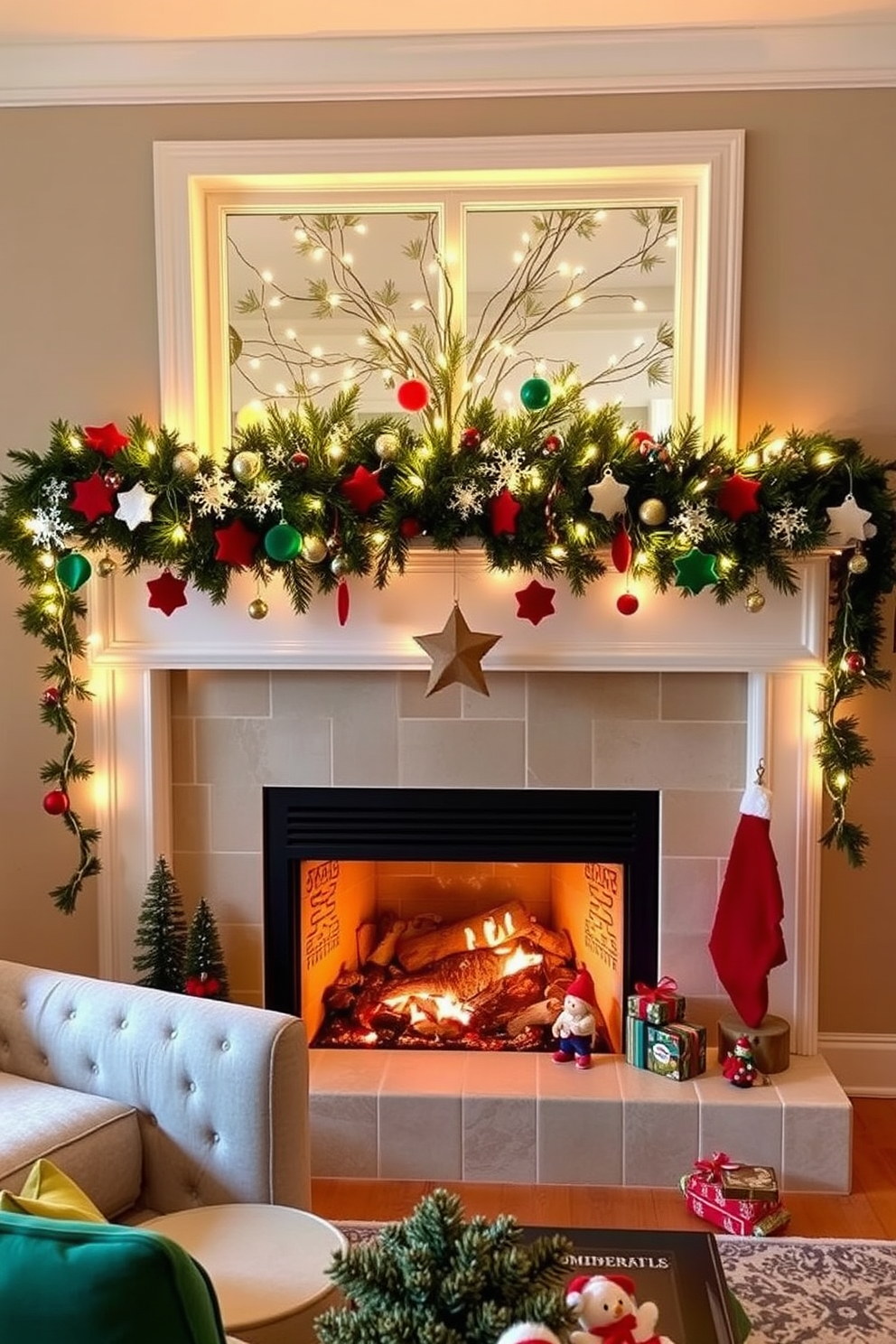 Create a cozy living room adorned with felt garlands featuring various holiday shapes. The garlands drape gracefully across the mantel, complementing the warm glow of the fireplace and the festive decor surrounding it. In the windows, arrange a display of twinkling fairy lights intertwined with evergreen branches. Add colorful ornaments and small holiday-themed figurines to enhance the cheerful ambiance of the space.