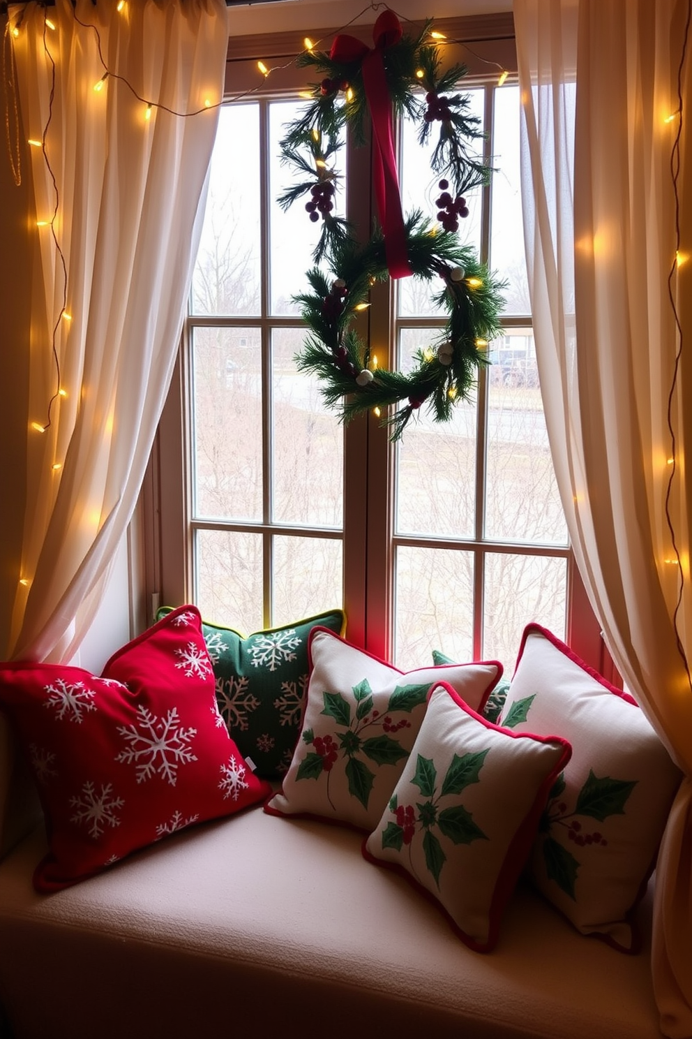 A cozy window seat adorned with seasonal throw pillows in vibrant colors and festive patterns. The pillows feature designs of snowflakes and holly, creating a warm and inviting atmosphere for the holiday season. The window is decorated with twinkling fairy lights and a wreath made of pine and berries. Sheer curtains frame the window, allowing natural light to filter through while enhancing the Christmas spirit.