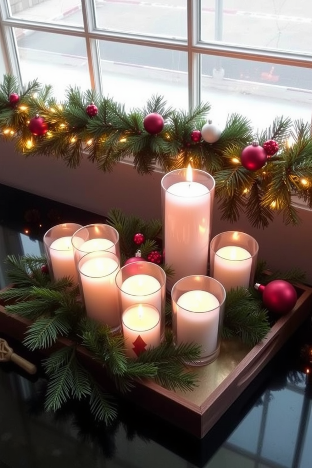 Decorative trays filled with pine branches and elegant candles create a warm and inviting atmosphere. The natural textures of the pine complement the soft glow of the candlelight, enhancing the seasonal charm. For window Christmas decorating ideas, consider draping garlands of greenery around the window frame. Adorn the garland with twinkling lights and festive ornaments to create a cheerful holiday display.