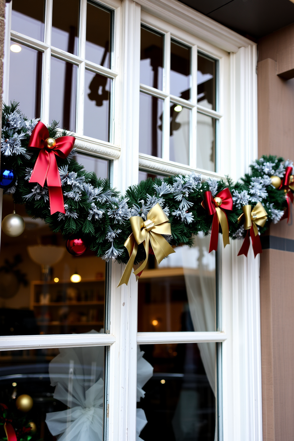 A festive window display adorned with garlands draped elegantly across the top. The garlands are embellished with colorful ornaments and luxurious bows, creating a warm holiday atmosphere.