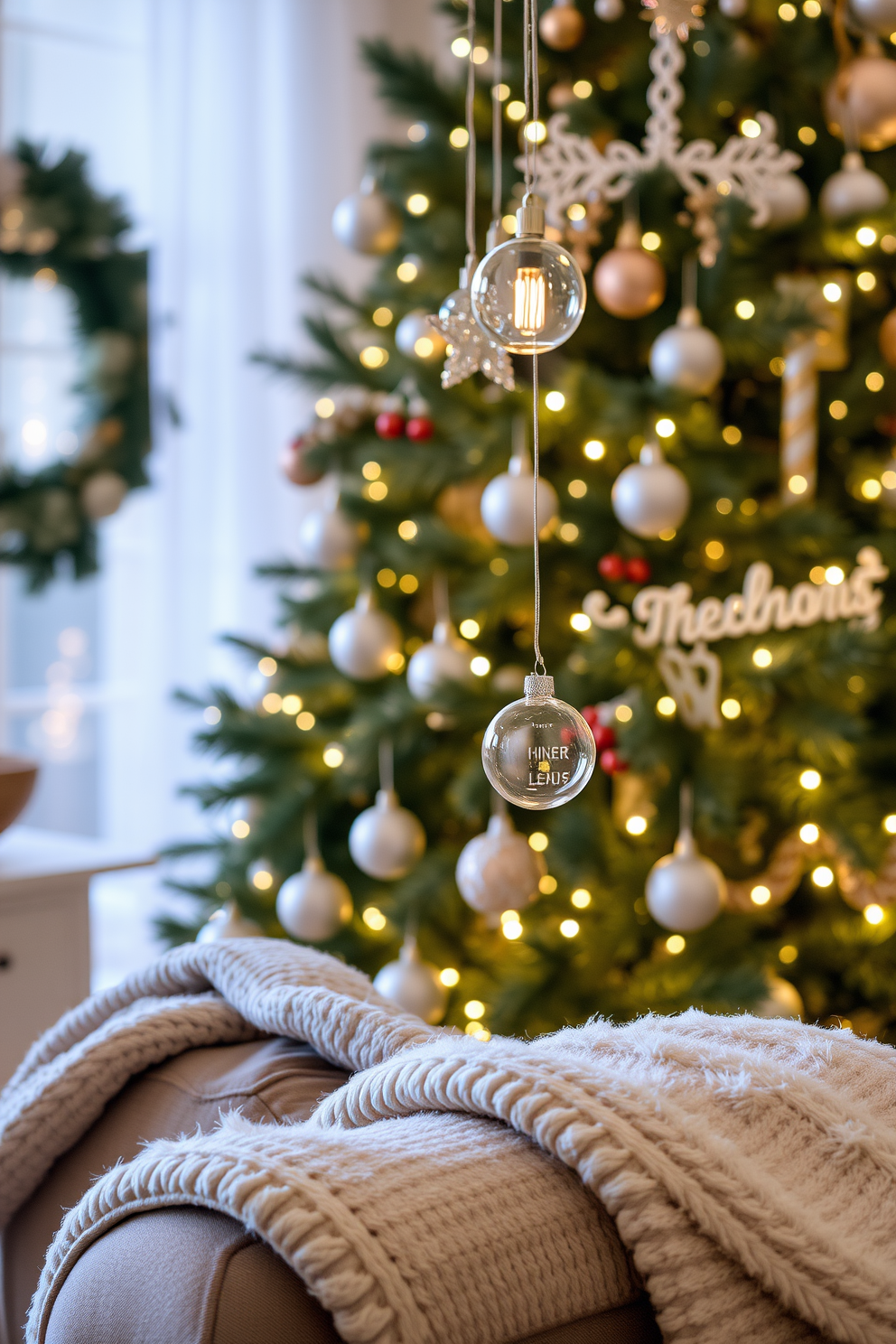 A cozy living room adorned with festive spirit. Delicate glass ornaments hang gracefully from the branches of a beautifully decorated Christmas tree. Soft white lights twinkle among the ornaments, creating a warm and inviting atmosphere. A plush blanket drapes over the arm of a comfortable sofa, inviting guests to relax and enjoy the holiday cheer.