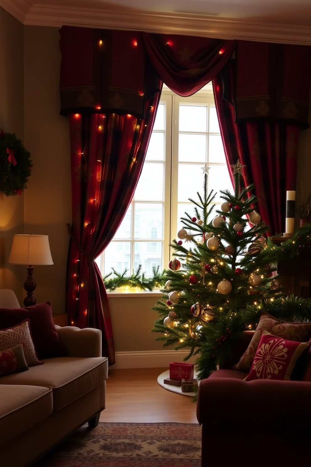 A cozy living room adorned with seasonal fabric curtains in rich colors such as deep red and forest green. The curtains elegantly frame a large window, enhancing the festive atmosphere with twinkling fairy lights draped across the window sill. A beautifully decorated Christmas tree stands in the corner, adorned with shimmering ornaments and a star on top. The room is further enhanced by a garland of pine and berries that wraps around the mantle, creating a warm and inviting holiday space.