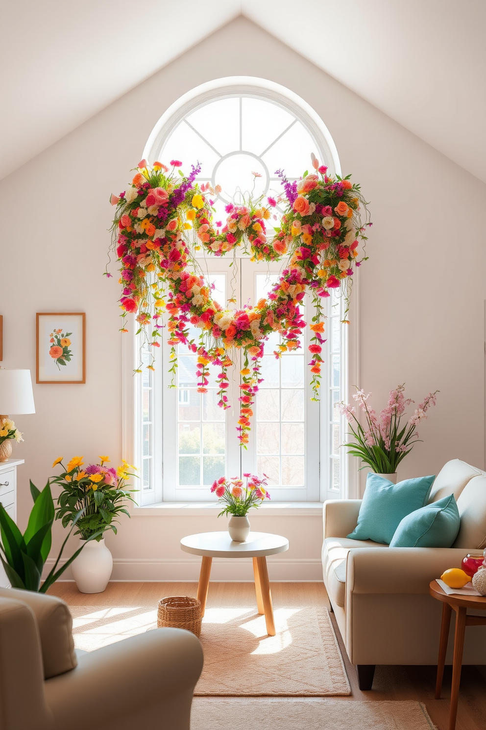 A bright and cheerful living room adorned with spring flower garlands gracefully draping from the top window. The vibrant colors of the flowers complement the soft pastel hues of the room, creating a festive and inviting atmosphere for Easter celebrations.