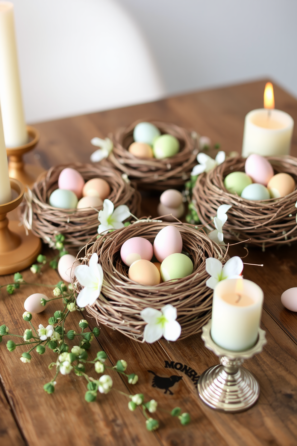 Charming bird nests filled with faux eggs are beautifully arranged on a rustic wooden table. Delicate pastel colors enhance the festive atmosphere, creating a warm and inviting Easter display. The nests are surrounded by soft greenery and small decorative elements that evoke the spirit of spring. Elegant candles in soft hues are placed nearby, adding a touch of sophistication to the holiday decor.