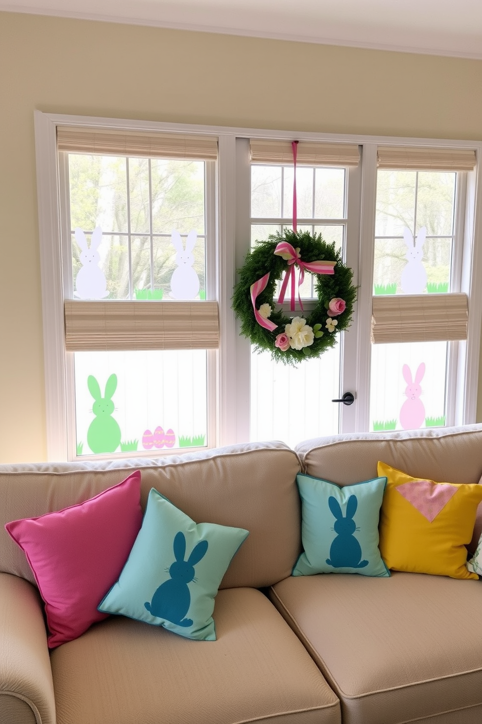 A cheerful living room adorned with whimsical window decals of bunnies. The decals feature playful designs in pastel colors, creating a festive atmosphere for Easter celebrations. Brightly colored throw pillows with bunny motifs are scattered across a plush sofa. A decorative Easter-themed wreath hangs on the door, welcoming guests with a touch of spring charm.