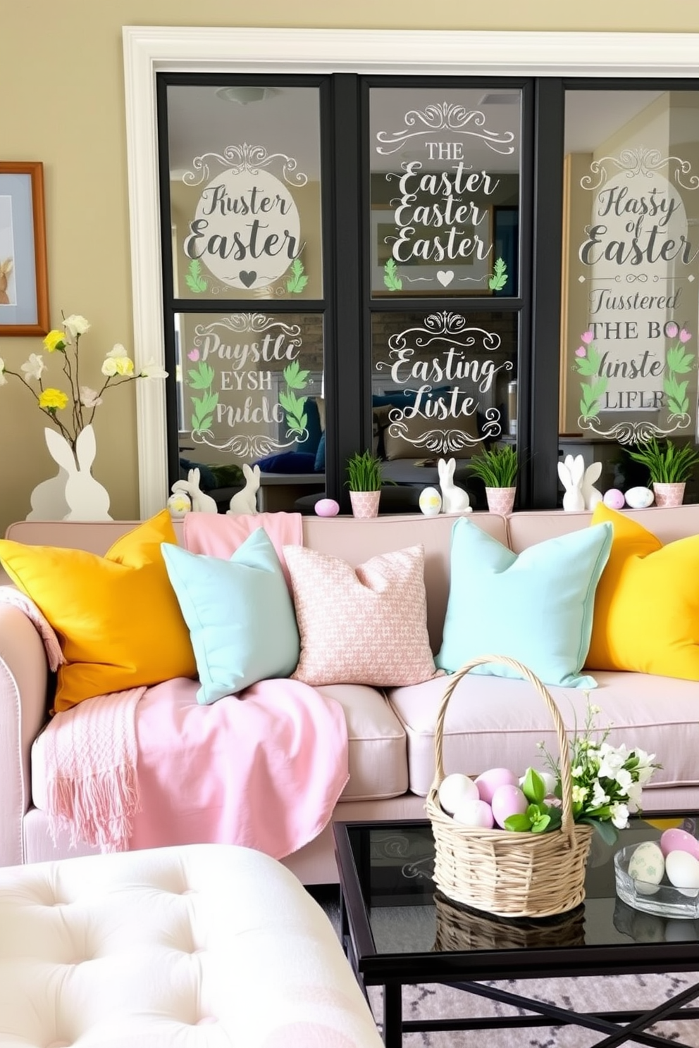 A cozy living room adorned with seasonal quotes on decorative window signs. The signs feature cheerful phrases in elegant fonts, surrounded by pastel-colored Easter decorations like bunnies and eggs. Brightly colored throw pillows and a soft pastel blanket are draped over a plush sofa. A small coffee table in front of the sofa holds a decorative basket filled with Easter eggs and fresh spring flowers.