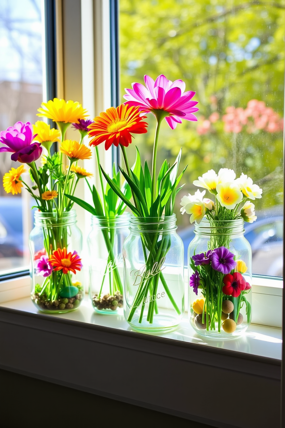 A charming window display featuring recycled jars filled with vibrant spring flowers creates a refreshing and eco-friendly atmosphere. Each jar showcases a different type of flower, adding a burst of color and life to the space. The jars are arranged on a windowsill, allowing natural light to illuminate the flowers and enhance their beauty. This delightful Easter decorating idea brings a touch of nature indoors, perfect for welcoming the season.