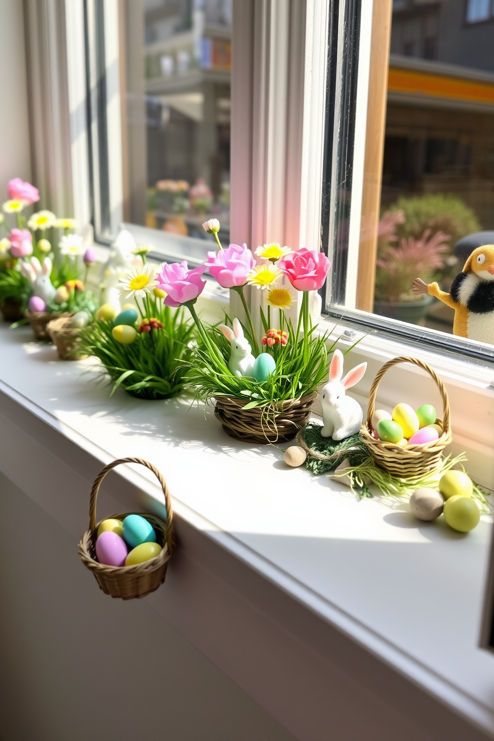 Miniature Easter scenes adorn the window sills, featuring tiny bunnies and colorful eggs nestled among fresh spring flowers. Each scene is carefully arranged in charming pastel colors, creating a whimsical and festive atmosphere. Delicate decorations include small baskets filled with chocolate eggs and vibrant painted stones. Soft natural light filters through the windows, enhancing the cheerful ambiance of the Easter celebration.