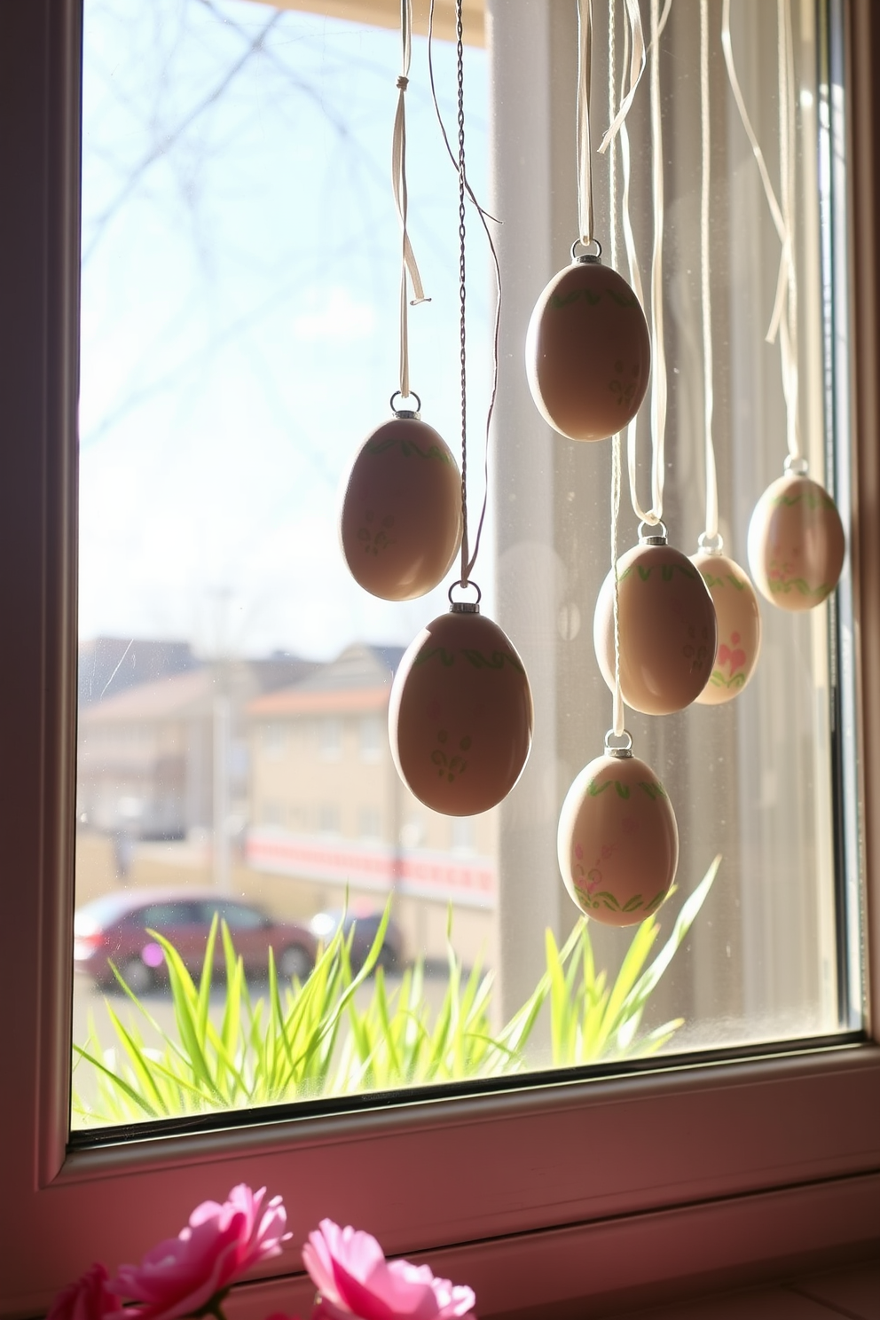 A charming window display adorned with hand-painted Easter egg ornaments gently swaying in the breeze. The eggs feature intricate designs in pastel colors, creating a festive atmosphere that brightens the room.