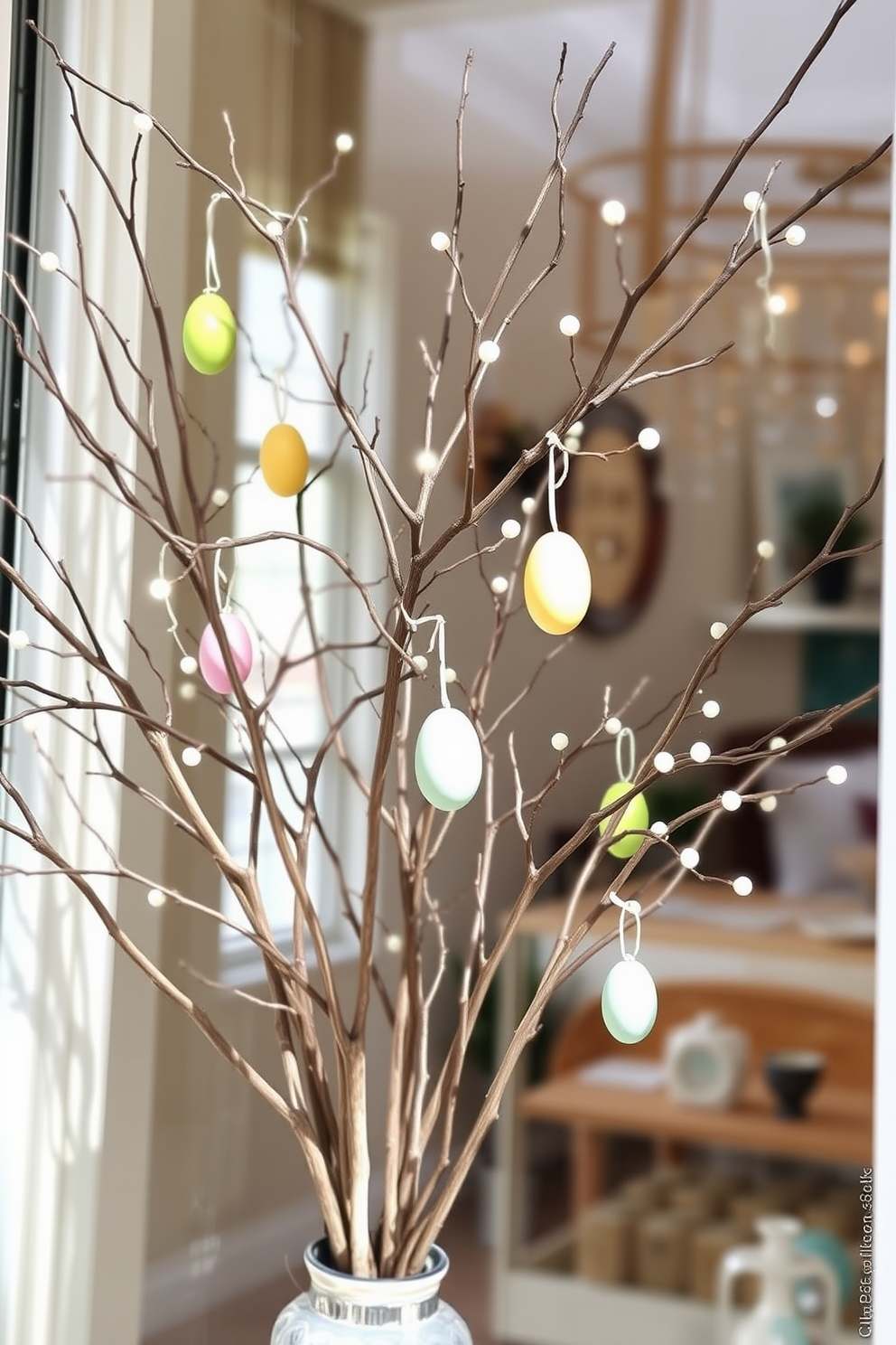 Natural branches adorned with delicate egg ornaments create a whimsical and festive atmosphere for Easter. The branches are elegantly arranged in a decorative vase, enhancing the seasonal charm of the window display. Brightly colored eggs in pastel shades hang from the branches, catching the light and adding a playful touch. This simple yet enchanting decoration invites the joy of the holiday into your home, making it a delightful focal point.