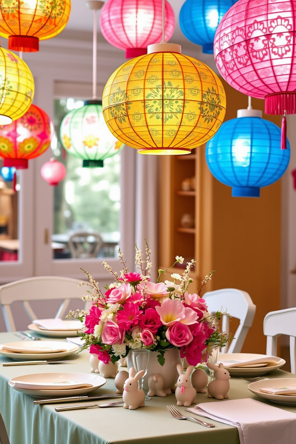 Brightly colored paper lanterns hang from the ceiling, casting a warm glow over the room. They are adorned with intricate patterns and vibrant hues, creating a joyful and festive atmosphere. For Easter decorating ideas, a beautifully set table features pastel-colored tableware and floral centerpieces. Delicate egg decorations are placed around the table, adding a charming touch to the festive celebration.