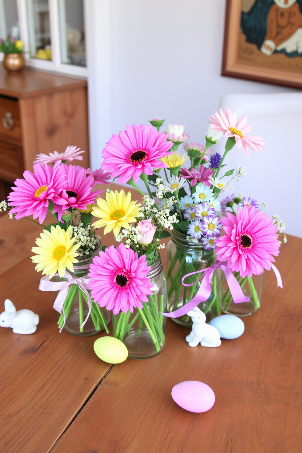 Floral arrangements in mason jars displayed on a rustic wooden table create a charming and inviting atmosphere. The vibrant colors of the flowers contrast beautifully with the soft, natural tones of the wood, enhancing the overall aesthetic. For Easter decorating ideas, pastel-colored eggs are artistically arranged alongside the floral jars, adding a festive touch. Delicate ribbons and small bunnies can be incorporated to complete the seasonal decor, creating a delightful and cheerful setting.