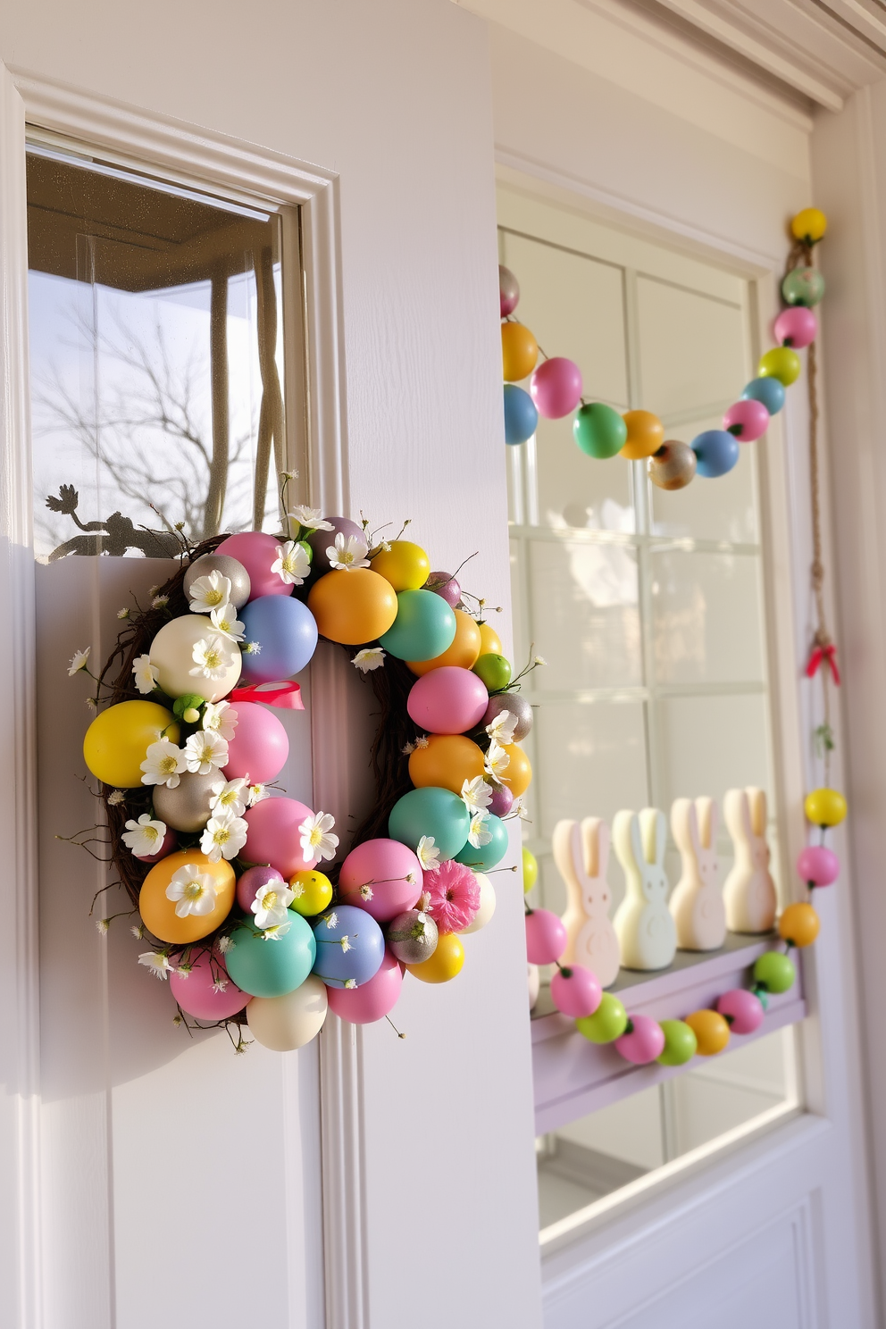 A colorful Easter egg wreath is beautifully displayed on a charming front door, adorned with a variety of pastel-colored eggs and delicate spring flowers. The vibrant hues of the wreath create a cheerful and inviting atmosphere, perfect for celebrating the Easter season. Inside, the window is decorated with playful Easter-themed accents, including bunny figurines and garlands made of colorful eggs. Sunlight streams through the window, highlighting the festive decorations and adding a warm glow to the room.