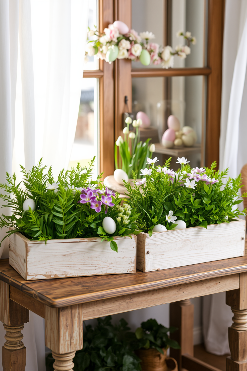 Rustic wooden boxes filled with lush greenery are arranged on a weathered wooden table. The vibrant plants create a warm and inviting atmosphere, enhancing the natural charm of the space. For Easter decorating ideas, a beautifully decorated window features pastel-colored eggs and delicate spring flowers. Soft, sheer curtains frame the scene, allowing natural light to illuminate the festive display.