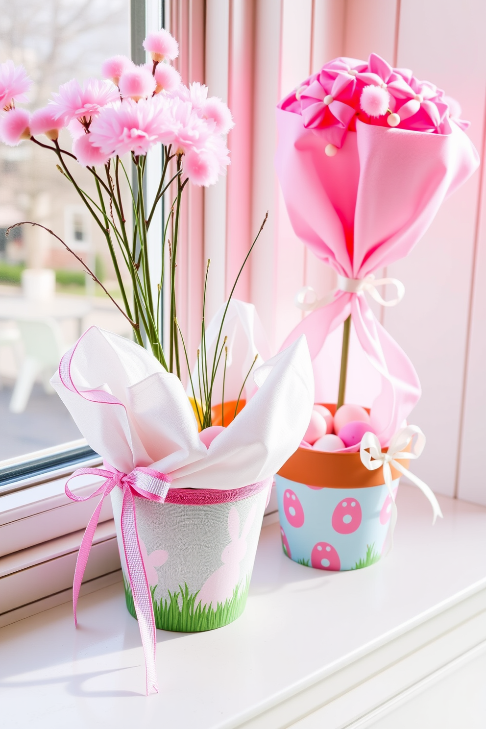 Easter-themed fabric in pastel colors is elegantly wrapped around flower pots, creating a festive and cheerful display. The pots are adorned with decorative ribbons and small Easter ornaments, adding a playful touch to the overall decor. Brightly colored eggs are nestled within the fabric, enhancing the springtime vibe. These charming arrangements are placed on windowsills, allowing natural light to illuminate the vibrant colors and patterns.