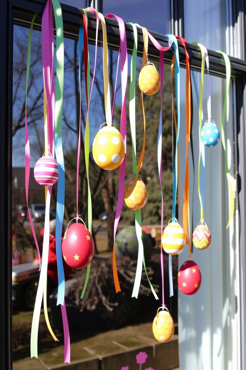 Create a whimsical Easter window display featuring hanging colorful ribbons adorned with vibrant egg decorations. The ribbons cascade gracefully from the top of the window frame, creating a festive and cheerful atmosphere.