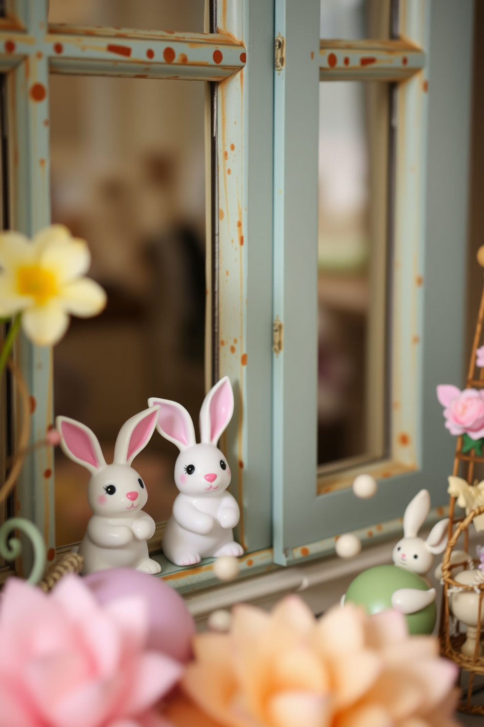 Cute bunny figurines peek out from the windows, bringing a playful charm to the Easter decor. The soft pastel colors of the surrounding decorations create a warm and inviting atmosphere.