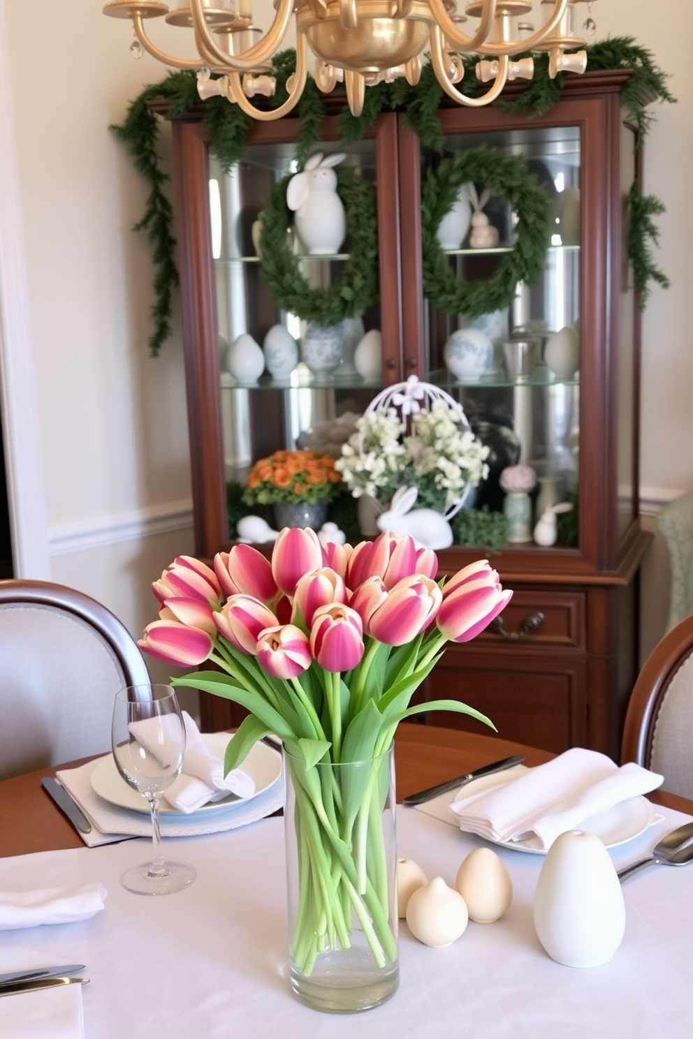 Fresh cut tulips in tall vases are elegantly showcased on a beautifully set dining table. The vibrant colors of the tulips complement the soft pastel hues of the Easter decorations adorning the room.