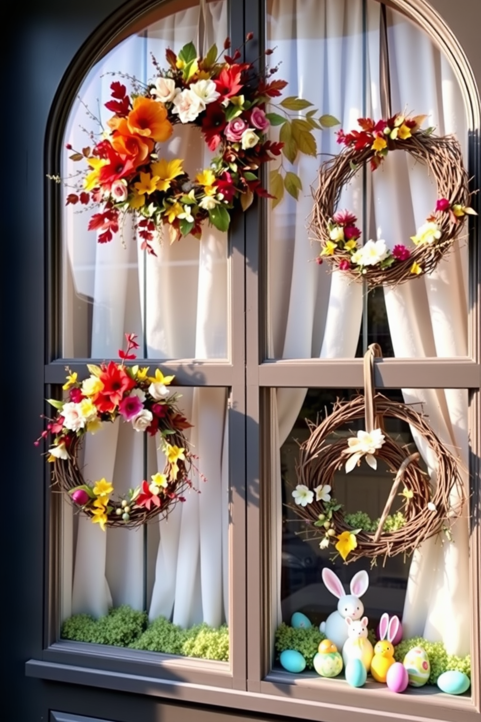 A beautiful display of seasonal wreaths made from natural materials hangs gracefully on the front door. Each wreath is adorned with vibrant flowers and leaves that reflect the colors of the season. The windows are elegantly decorated for Easter with delicate pastel-colored curtains. Playful bunnies and colorful eggs are artfully arranged on the window sills, creating a cheerful and inviting atmosphere.