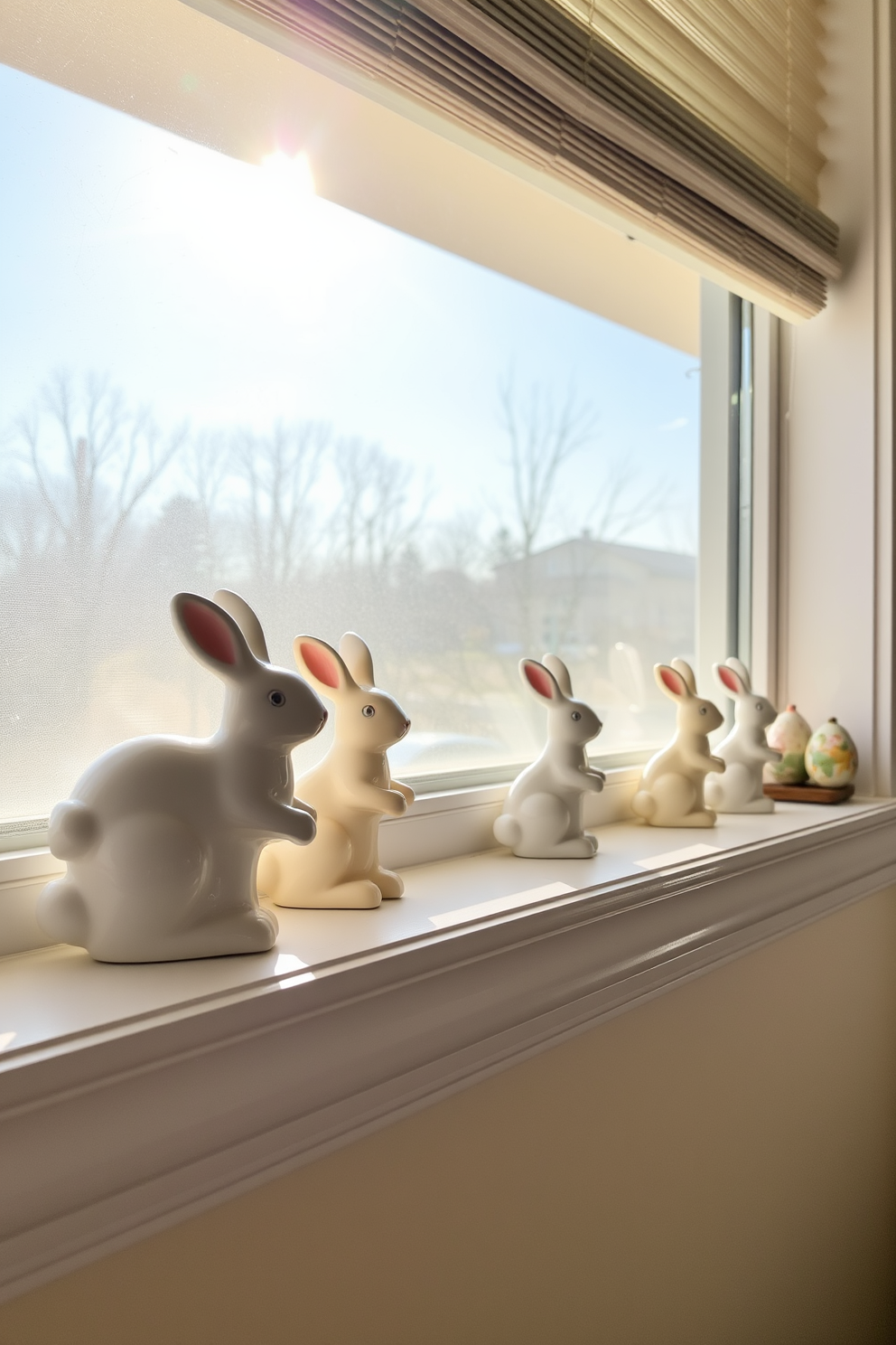 Charming ceramic bunnies are placed on window ledges, adding a whimsical touch to the Easter decor. The soft pastel colors of the bunnies complement the natural light streaming in, creating a warm and inviting atmosphere.