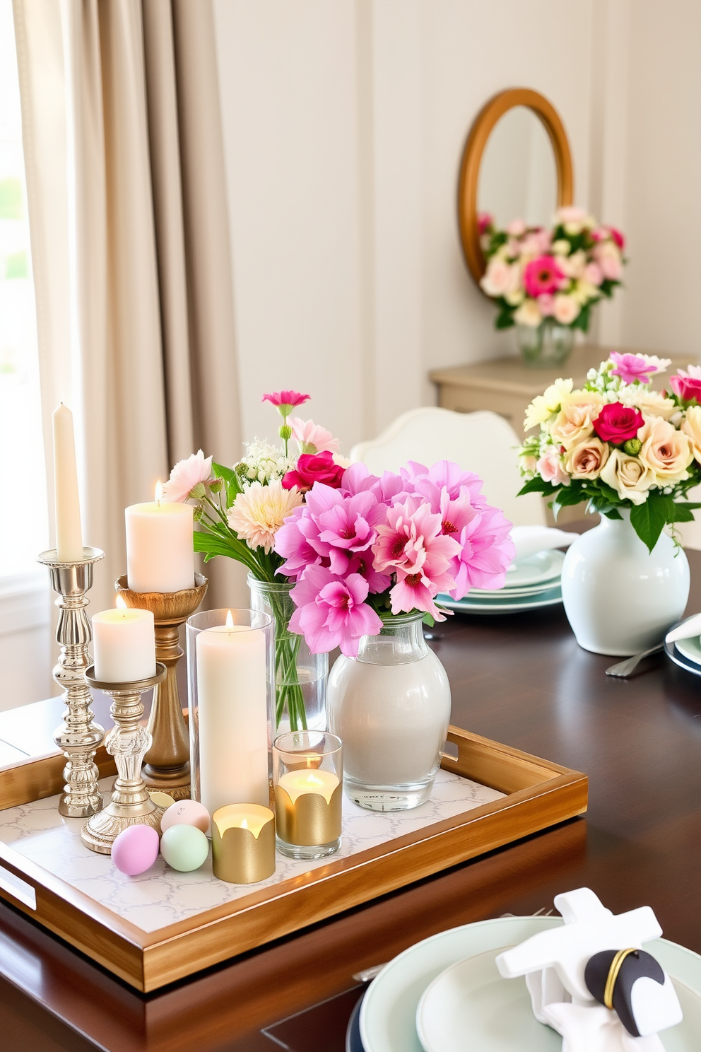 Decorative trays are arranged on a coffee table, featuring an assortment of candles in varying heights alongside fresh flowers in elegant vases. The warm glow of the candles complements the vibrant colors of the flowers, creating a cozy and inviting atmosphere. For Easter decorating ideas, a beautifully set dining table showcases pastel-colored plates and napkins, with decorative eggs nestled among the floral arrangements. Soft, natural light filters through the window, enhancing the cheerful and festive ambiance of the space.