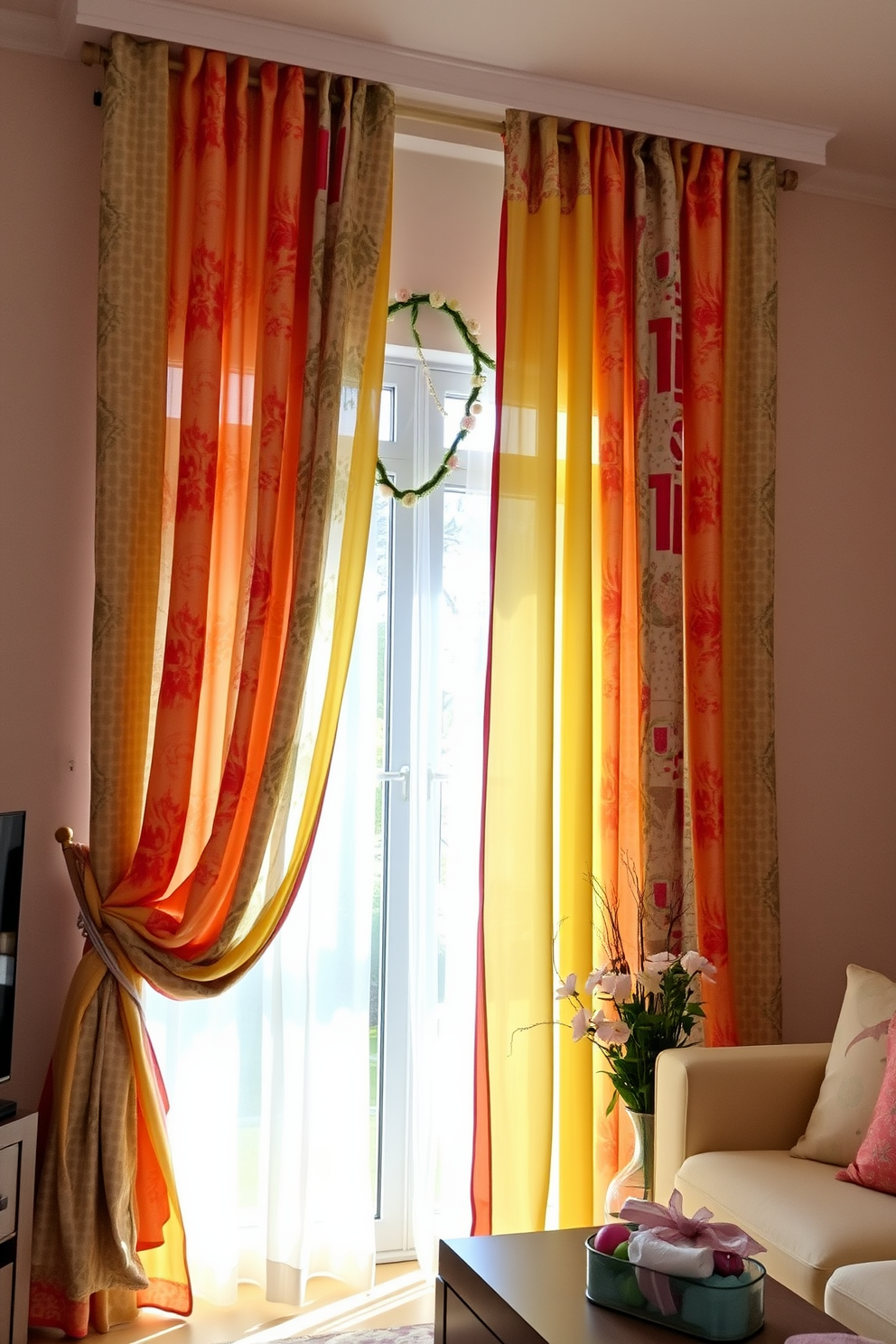 A vibrant living room adorned with colorful patterned curtains that cascade elegantly from the ceiling to the floor. The curtains feature a mix of floral and geometric designs in bright hues, creating a festive atmosphere that complements the room's cheerful decor. The windows are decorated with Easter-themed accents, including delicate garlands of pastel-colored eggs and spring flowers. Soft, natural light filters through the curtains, enhancing the lively ambiance and inviting a sense of celebration into the space.