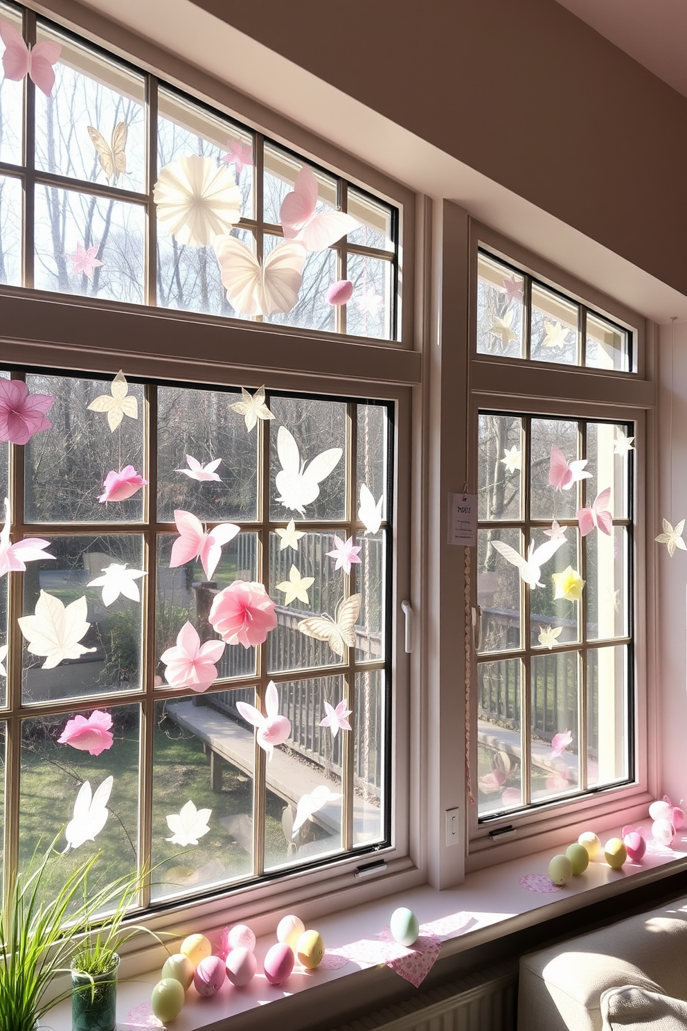 A charming display of pastel tissue paper window art adorns the large windows, creating a whimsical atmosphere filled with soft colors. Each piece is delicately crafted, showcasing various shapes and patterns that dance in the sunlight, enhancing the overall warmth of the room. For Easter decorating ideas, the window art is complemented by a collection of cheerful decorations, including small pastel-colored eggs and spring-themed garlands. These elements come together to create a festive and inviting ambiance, perfect for celebrating the season.