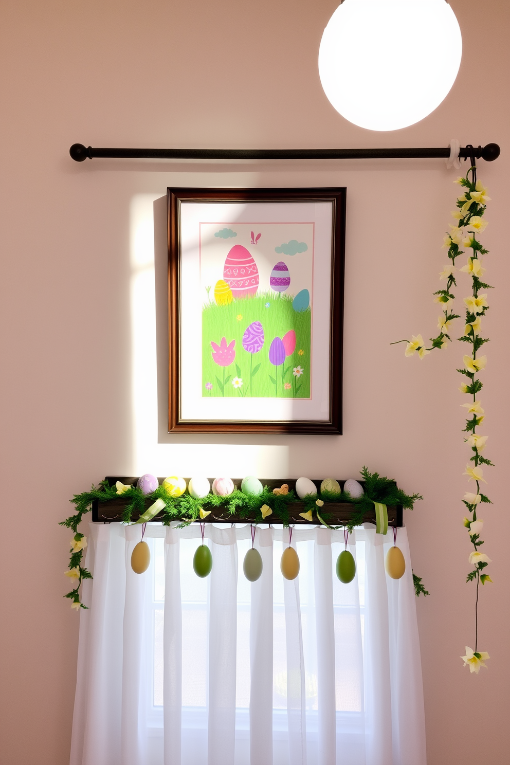 Easter-themed artwork is beautifully framed and displayed on the wall, featuring vibrant colors and whimsical designs that capture the spirit of the holiday. Below the artwork, a decorative shelf holds an assortment of pastel-colored eggs and small bunnies, adding a festive touch to the room. The window is adorned with sheer white curtains that gently filter the sunlight, creating a soft and inviting atmosphere. Hanging from the curtain rod are charming Easter-themed garlands, featuring blooms and eggs that enhance the cheerful decor.