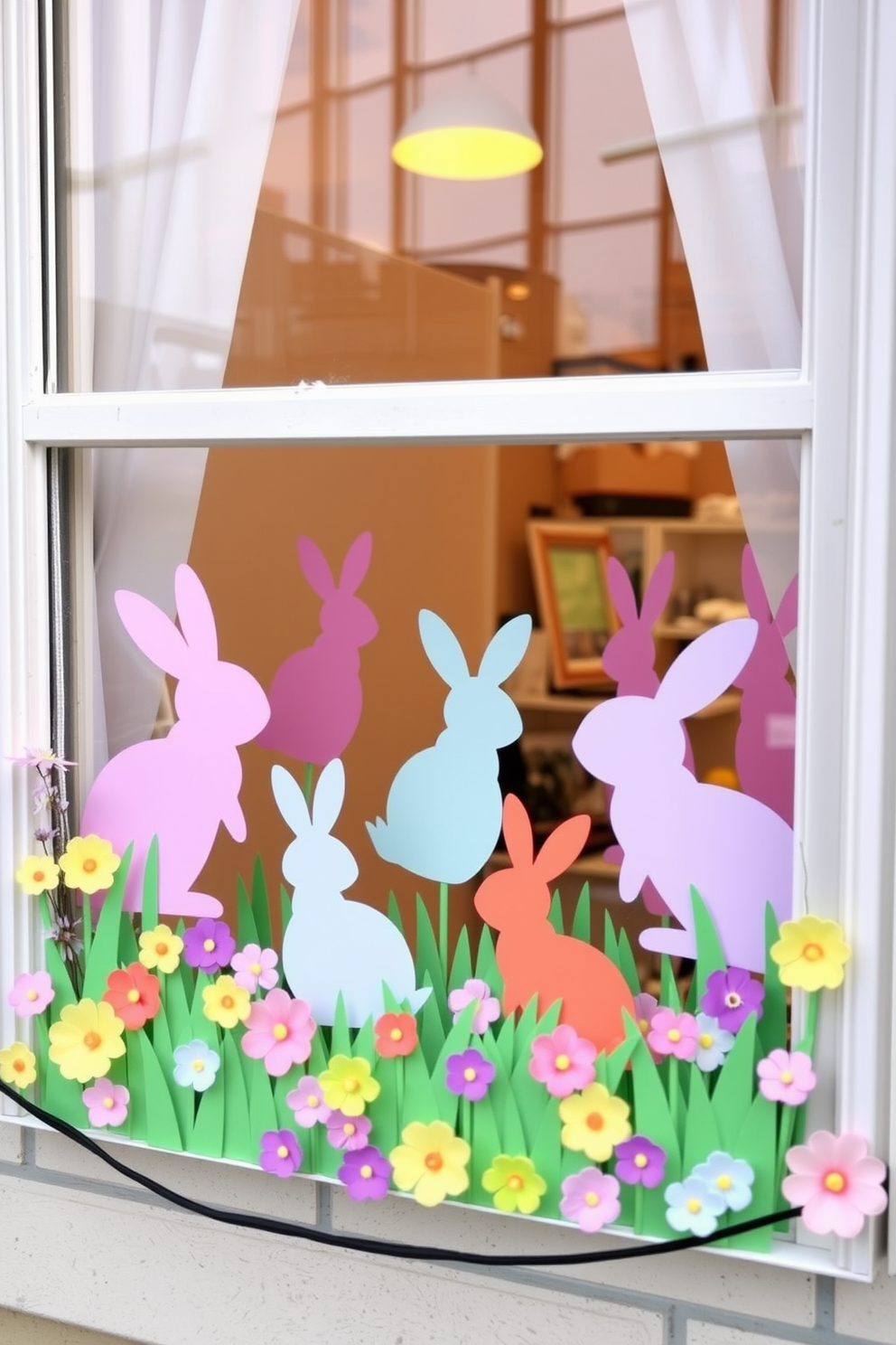 Create a whimsical Easter scene featuring bunny silhouettes cut from colorful paper. The bunnies are playfully arranged in a window display, surrounded by pastel-colored decorations and spring flowers.