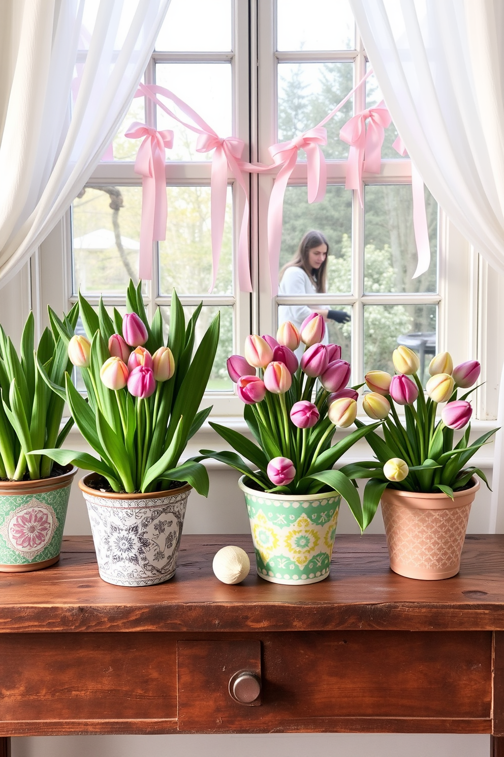 Potted spring bulbs in decorative pots are arranged on a rustic wooden table. The pots feature vibrant colors and intricate patterns, enhancing the fresh and lively ambiance of the space. For window Easter decorating ideas, delicate pastel ribbons are draped across the window frame. Soft, sheer curtains complement the decorations, allowing natural light to filter through and illuminate the festive display.