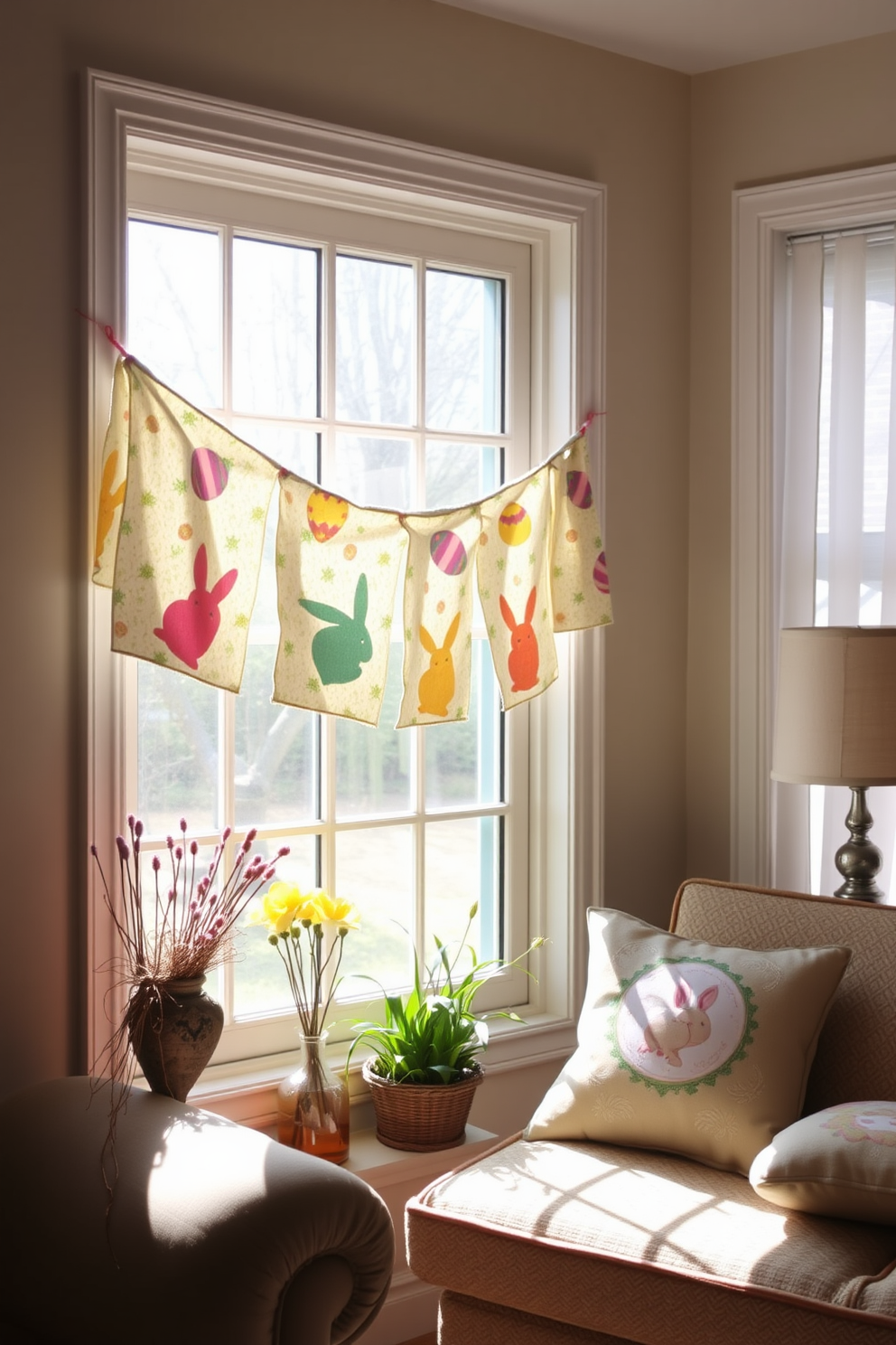 A charming DIY fabric bunting adorned with colorful Easter motifs such as bunnies and eggs. The bunting is strung across a cozy living room window, bringing a festive touch to the spring decor. Delicate pastel colors and playful patterns create a cheerful atmosphere. Sunlight streams through the window, highlighting the vibrant fabric and enhancing the festive spirit of the space.