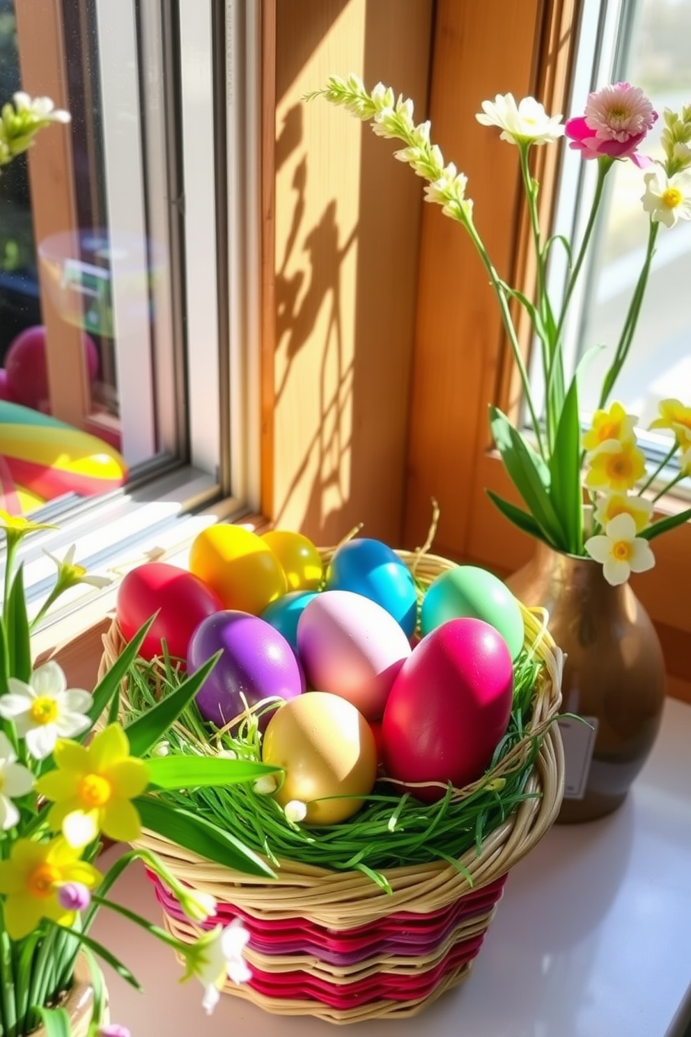 Brightly painted wooden eggs are nestled in colorful woven baskets, creating a cheerful and festive atmosphere. The vibrant hues of the eggs contrast beautifully with the natural textures of the baskets, enhancing the overall charm of the Easter decor. Sunlight streams through the window, illuminating the display and casting playful shadows on the surrounding surfaces. Freshly cut spring flowers in a vase nearby complement the scene, adding a touch of nature to the festive window decoration.