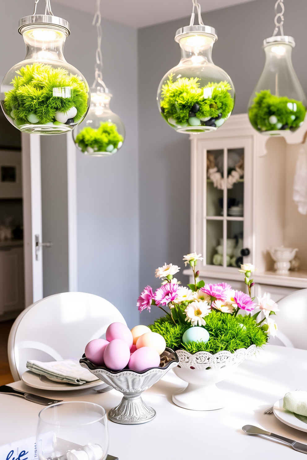 Hanging glass terrariums filled with vibrant green moss are suspended from the ceiling, creating a whimsical and natural focal point in the room. The soft light filters through the glass, casting gentle shadows on the surrounding surfaces. For Easter decorating ideas, a beautifully set dining table features pastel-colored eggs arranged artfully in a decorative bowl. Fresh flowers in soft hues are placed in a vase at the center, enhancing the festive atmosphere of the space.