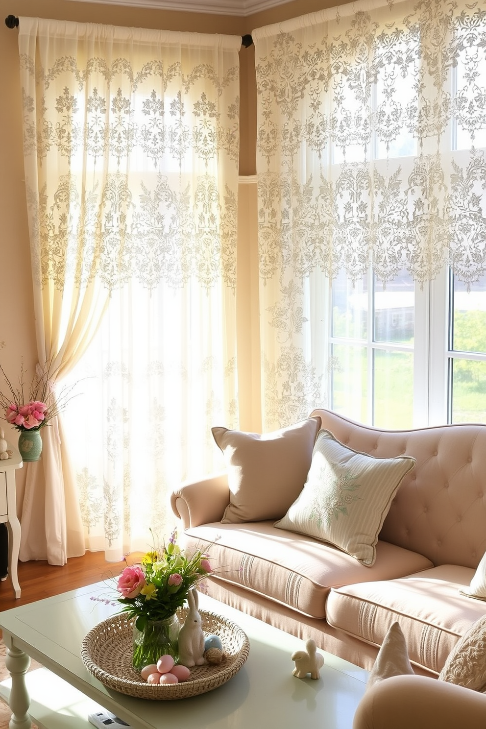 A charming living room adorned with vintage lace curtains that softly filter the sunlight. The curtains are embellished with subtle Easter accents, bringing a festive touch to the serene space. A cozy seating area features a pastel-colored sofa and a coffee table decorated with seasonal floral arrangements. Easter-themed decor, such as painted eggs and delicate bunnies, is tastefully integrated into the design, enhancing the room's warmth and inviting atmosphere.