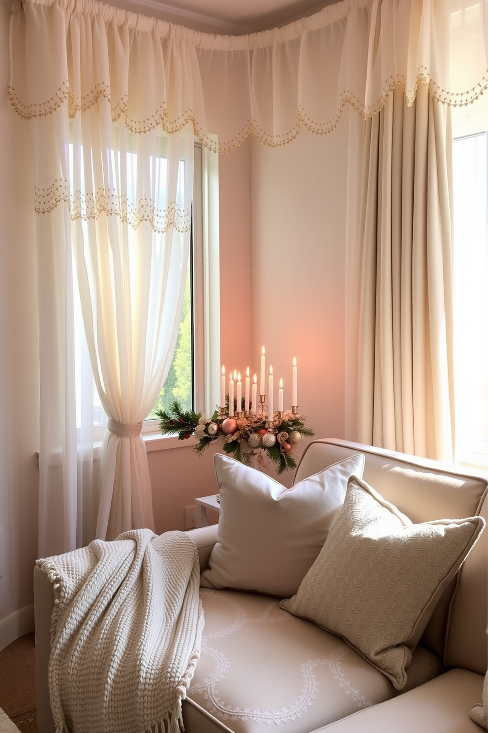 A bright and airy living room features layered sheer curtains with delicate gold accents framing a large window. The sunlight filters through the fabric, creating a warm and inviting atmosphere that enhances the elegant decor. In the corner, a beautifully decorated Hanukkah display adds a festive touch, featuring a menorah with glowing candles and traditional ornaments. Soft pillows and a cozy throw blanket on the sofa provide comfort and complement the overall design.