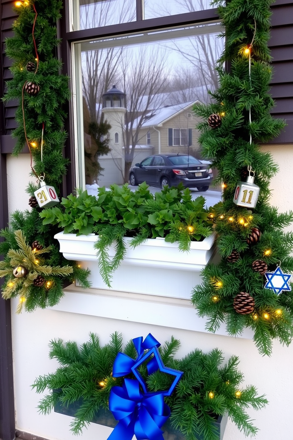 Decorative window boxes filled with festive greens create a warm and inviting atmosphere. The vibrant greens contrast beautifully with the winter landscape outside, enhancing the holiday spirit. For Hanukkah, consider adding blue and silver accents to the window decor. Incorporate LED lights and dreidel ornaments to celebrate the festival of lights in style.