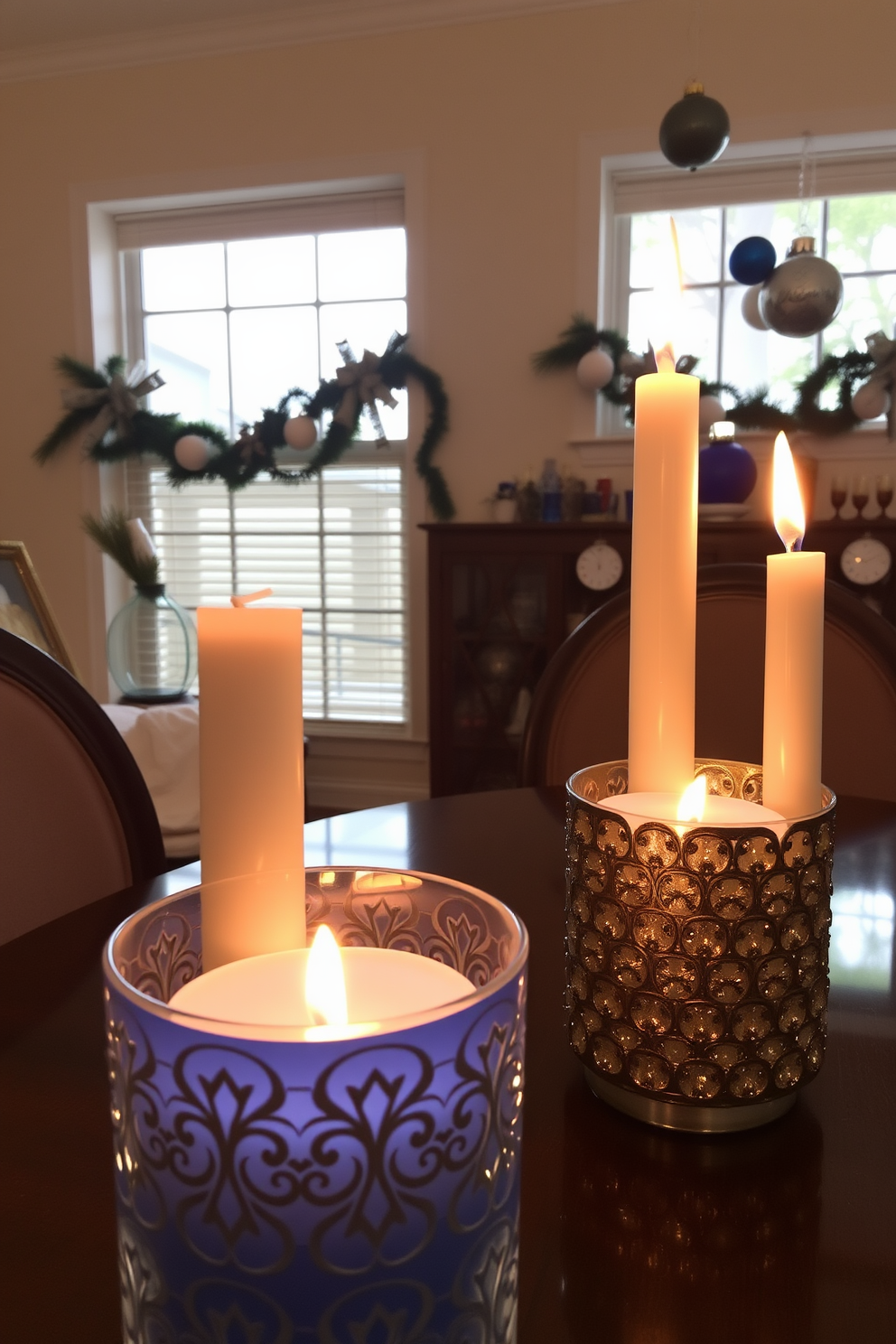 Glowing candles in decorative holders create a warm and inviting atmosphere. The flickering light enhances the beauty of the surrounding decor, adding a touch of elegance to any space. For Hanukkah decorating ideas, consider incorporating blue and silver accents throughout the room. Adorn the windows with festive garlands and hang ornaments that reflect the spirit of the holiday.