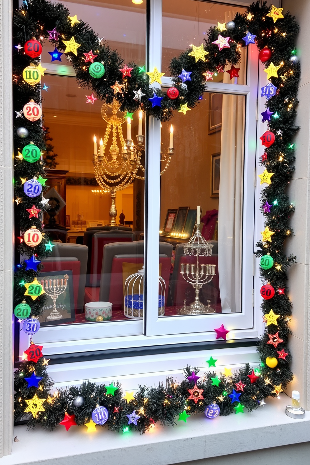 A festive window display adorned with colorful garlands of dreidels and stars creates a vibrant atmosphere for Hanukkah. The garlands are draped elegantly across the window frame, enhancing the warmth and joy of the holiday season.