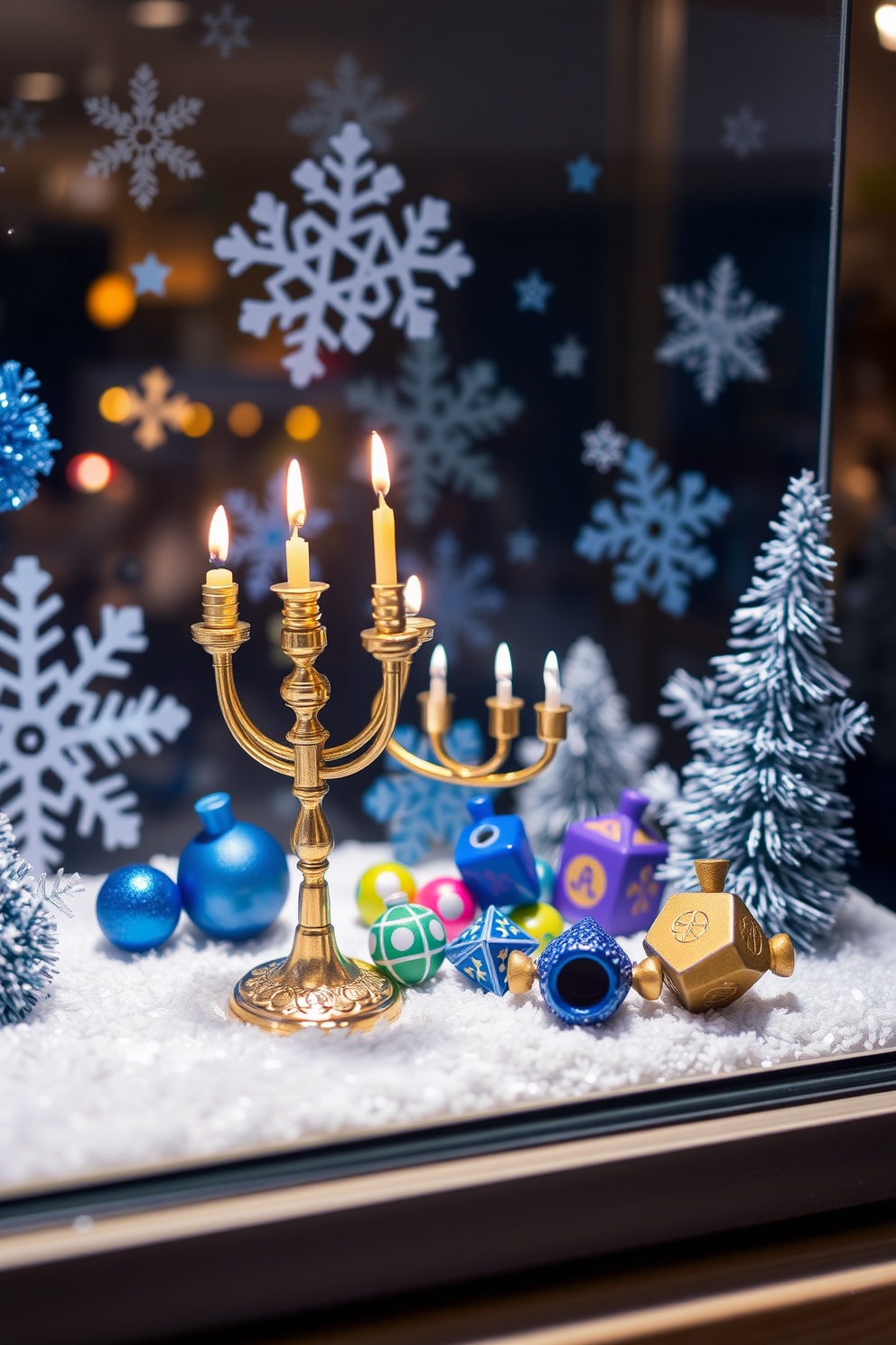 Create a charming miniature Hanukkah scene for a window display. Include a small menorah with lit candles, surrounded by colorful dreidels and gelt, set against a backdrop of snowflakes and stars. Incorporate festive blue and silver decorations to enhance the holiday spirit. Use soft lighting to create a warm glow, inviting passersby to appreciate the beauty of the scene.